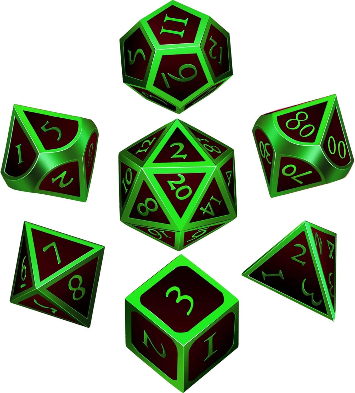Hestya 7 Pieces Metal Dices Set DND Game Polyhedral Solid Metal D&D Dice Set with Storage Bag and Zinc Alloy with Enamel for Role Playing Game Dungeons and Dragons, Math Teaching (Green Edge Red)