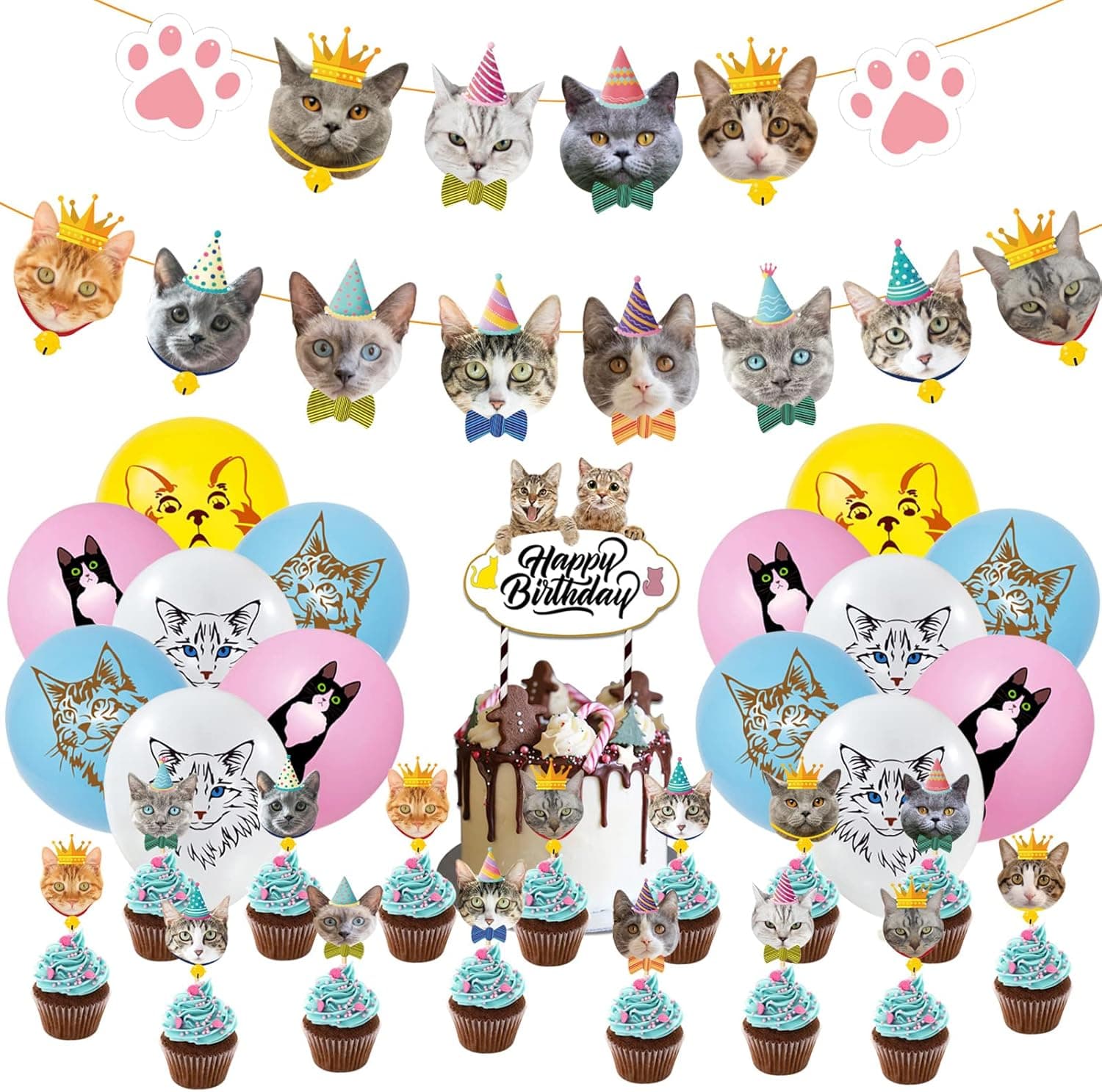 Kayi Cute Cat Birthday Party Supplies 46PCS Kawaii Meow Pet Decorations for Boys Girls Including Cats Face Banner 1PC, Kitten Cupcake Toppers 24PCS, Colorful Aesthetical Balloons 20PCS
