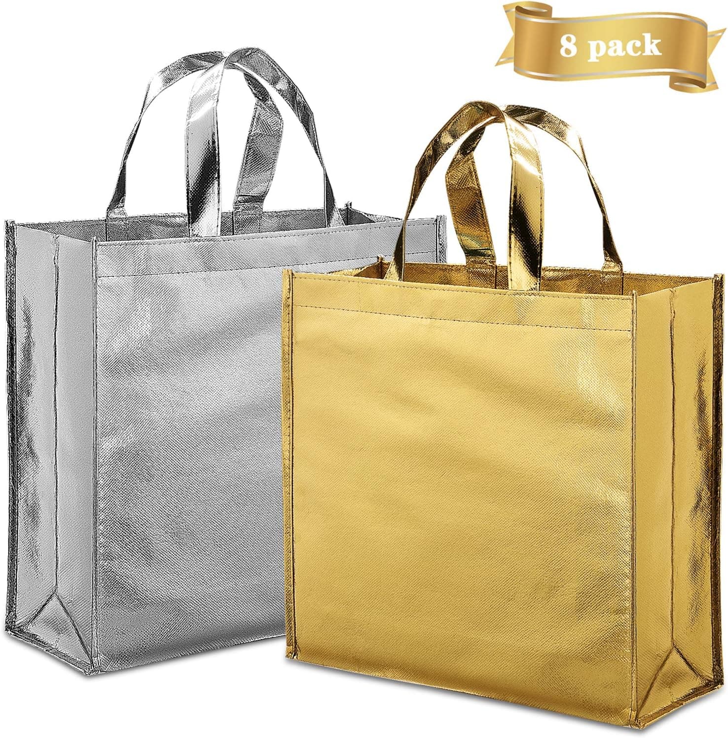 joybest Set of 8 Glossy Reusable Grocery Bag, Stylish Tote Bags with Handle, Durable Non-Woven Gift Bag, Present Bag for Christmas, Birthday, Party, Wedding,Father's Day (Gold & Silver)