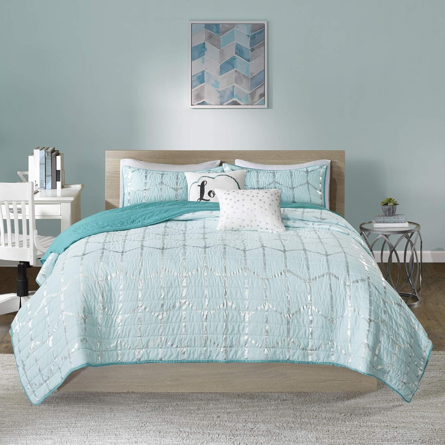 Intelligent Design Raina Metallic Printed Coverlet Set, King/California King, Aqua/Silver