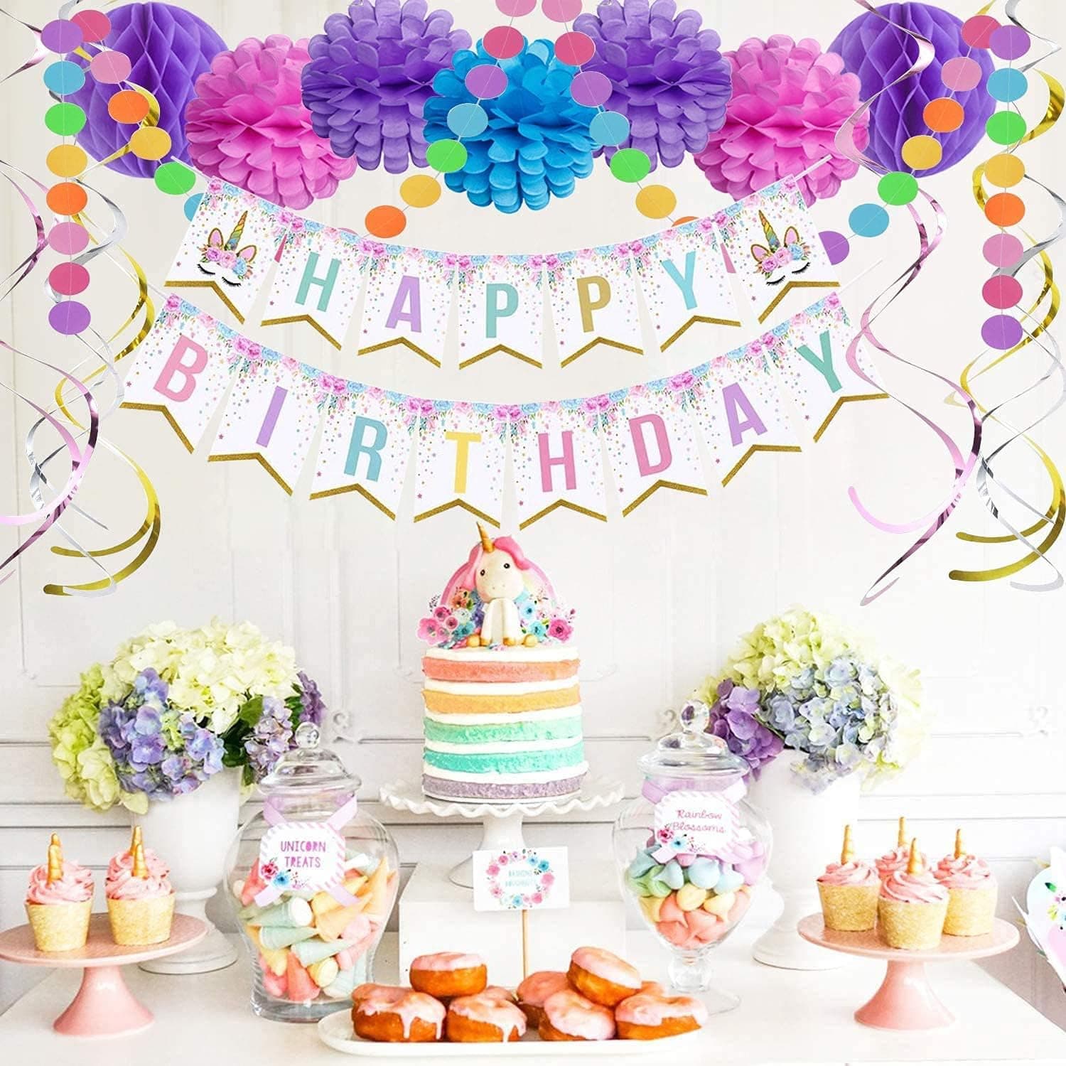 Unicorn Birthday Decorations Party Supplies With Happy Birthday Banner for Girls Birthday Decor