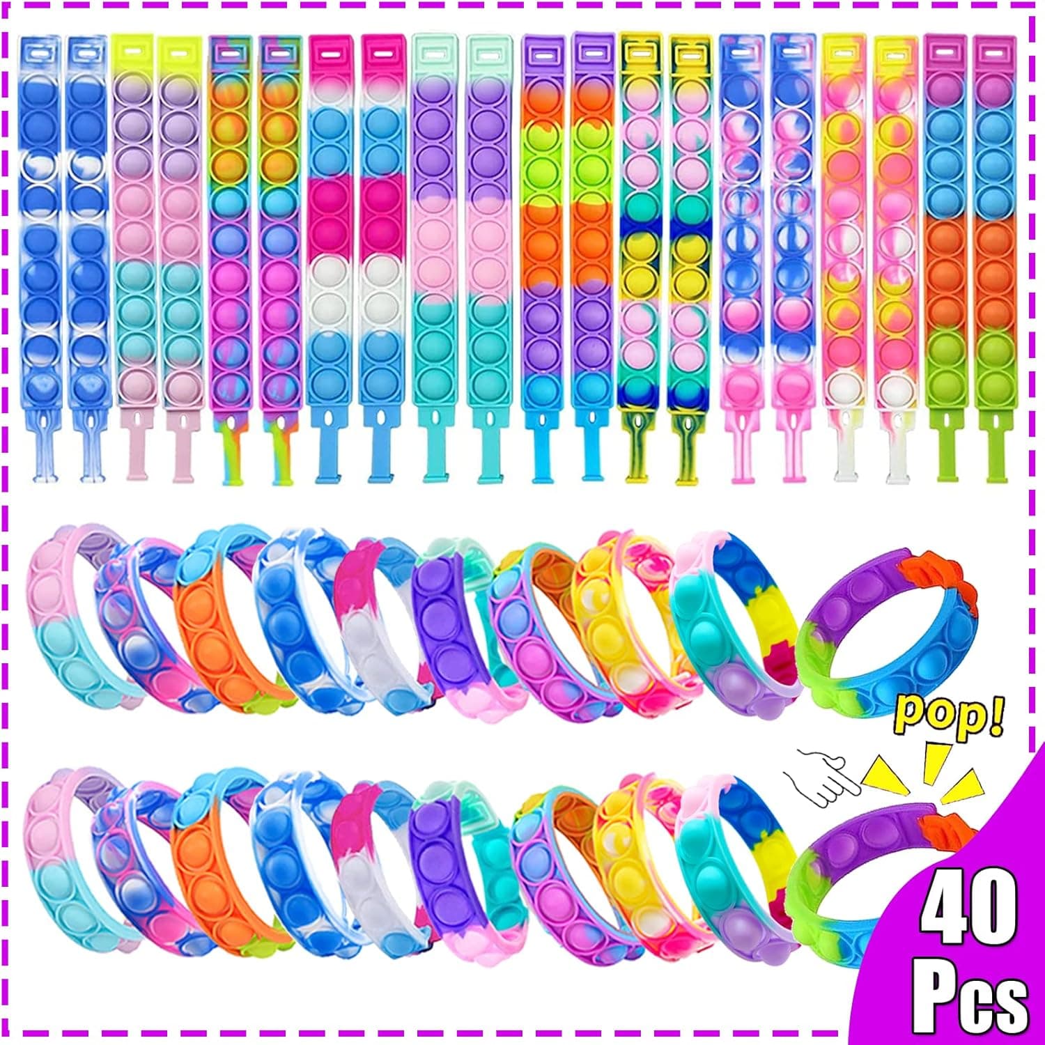 40PCS Pop Bracelet, Party Favors for Kid, Wearable Fidget Toys, Silicone Pop Bracelets Sensory Toys, Stress Relief Finger Press Wristband for Kids and Adults ADHD ADD Autism,Party Favors Kids Toys for Girls