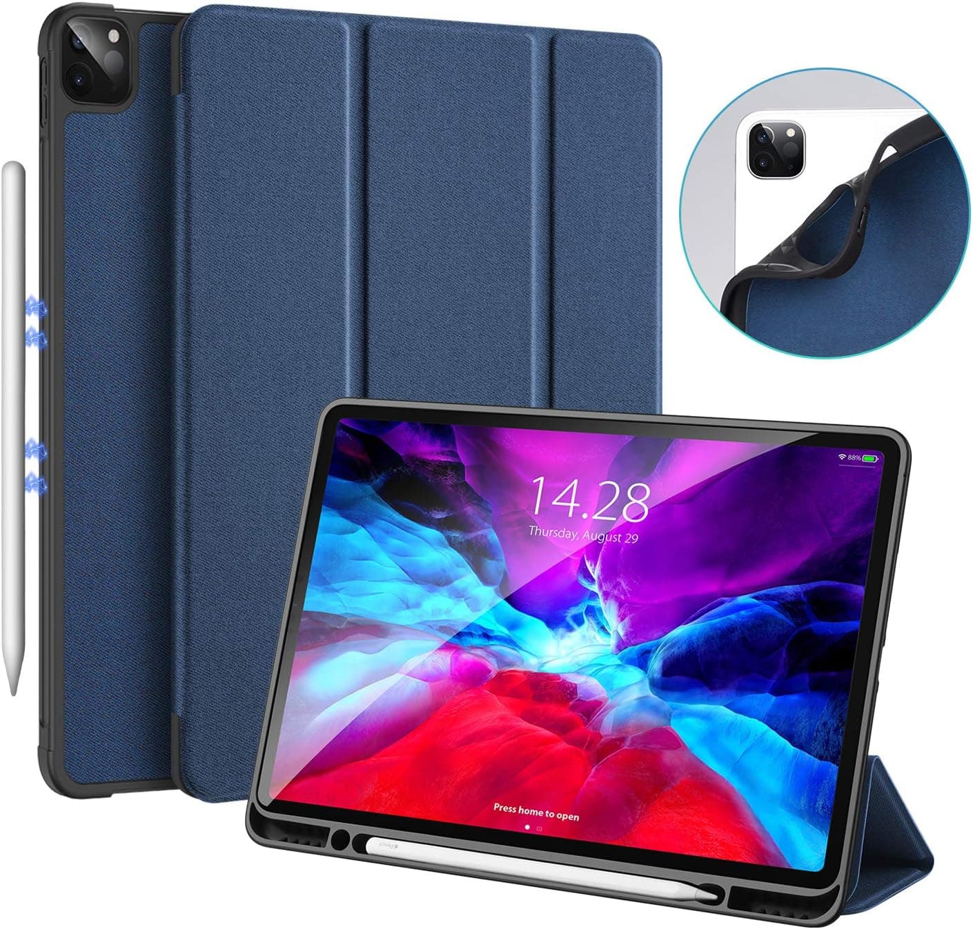 DUX DUCIS Case for New iPad Pro 12.9 2020 4th Generation, Support Apple Pencil Charging, Soft TPU Back with Pencil Holder, Trifold Cover with Auto Sleep/Wake for iPad Pro 12.9 Inch 4th Gen (Blue)