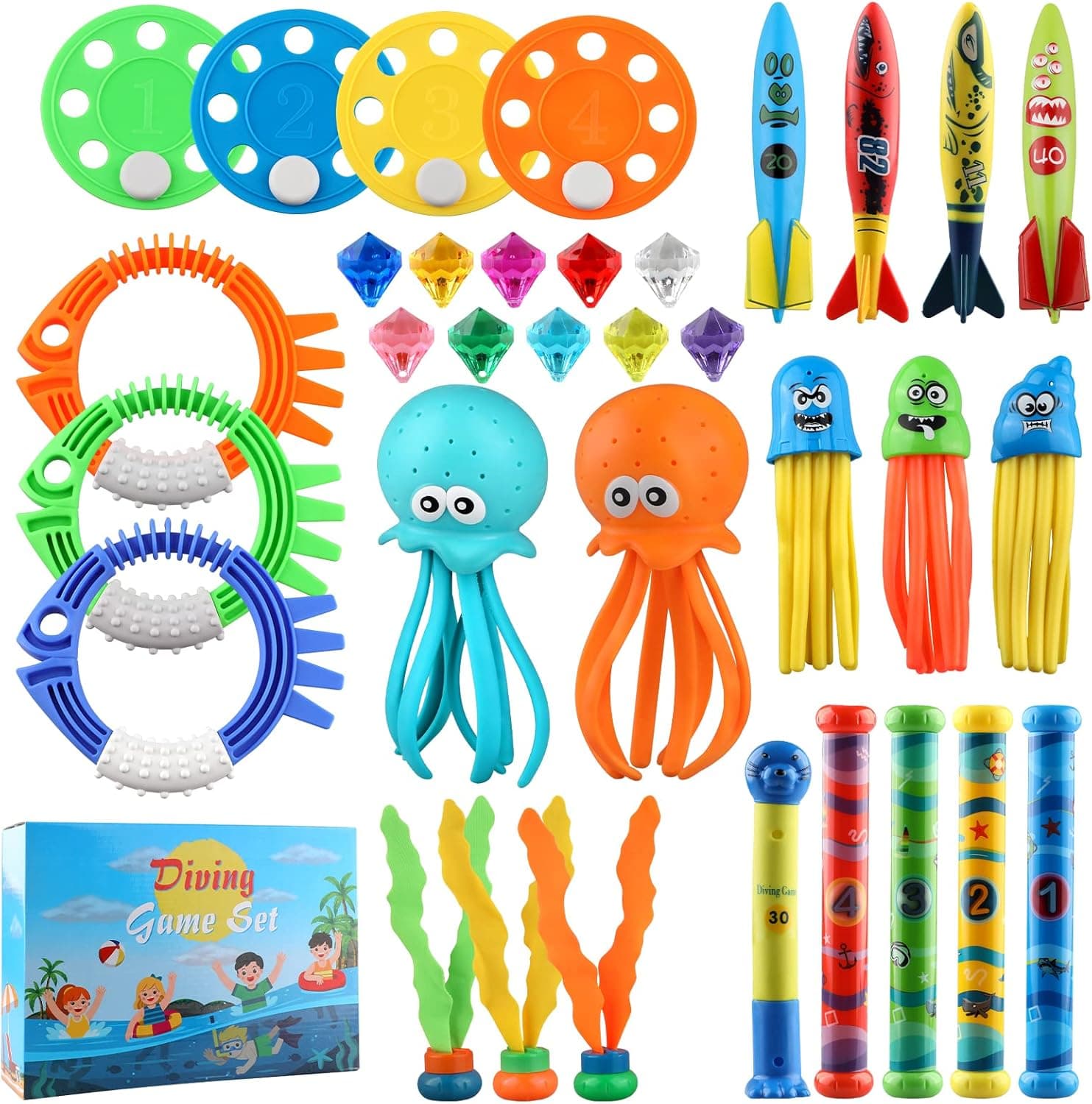 Pool Toys Diving Toys, Swimming Pool Toy Set Dive Rings Diving Sticks Pool Fish Diving Gems, Diving Pool Toy with Storage Bag and Box Underwater Games Training Toys for Boys Girls Summer Fun 34pcs