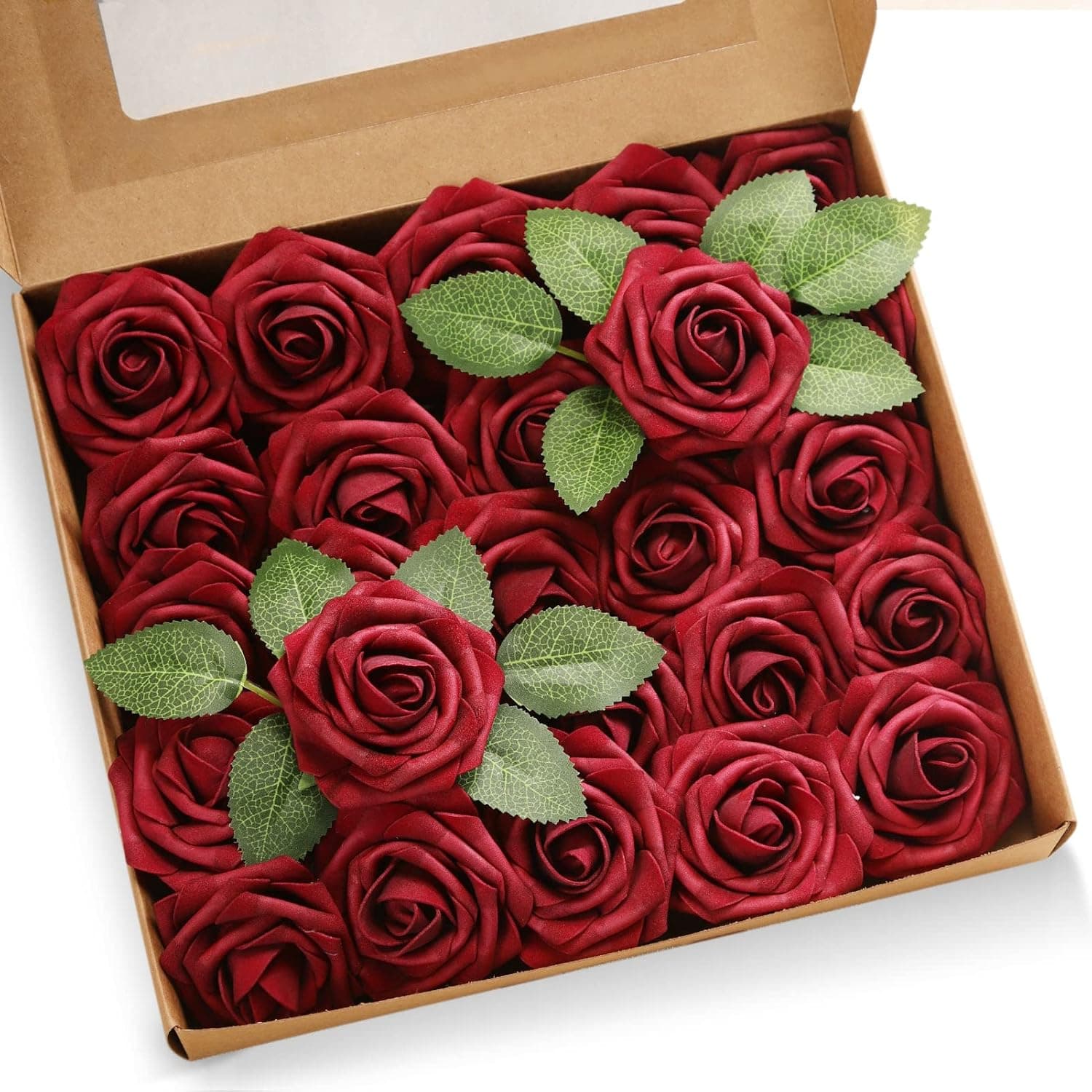 JaosWish Artificial Fake Flowers 25pcs Burgundy Roses Wedding Decorations Flowers with Stems for DIY Bouquets Arrangments Centerpieces Table Decor for Shower Party Home