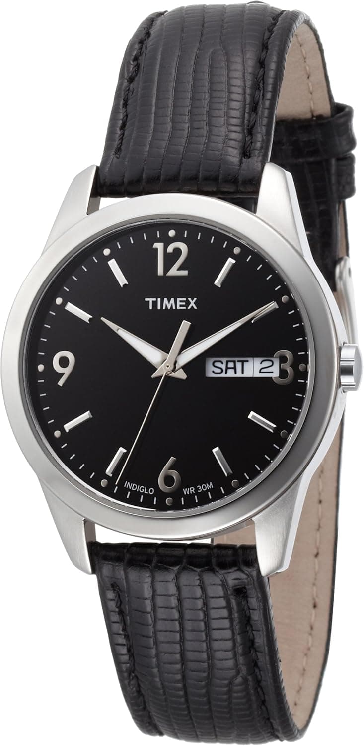Timex Men's T2N353 Analog Silver-Tone Case Black Leather Black Dial Watch