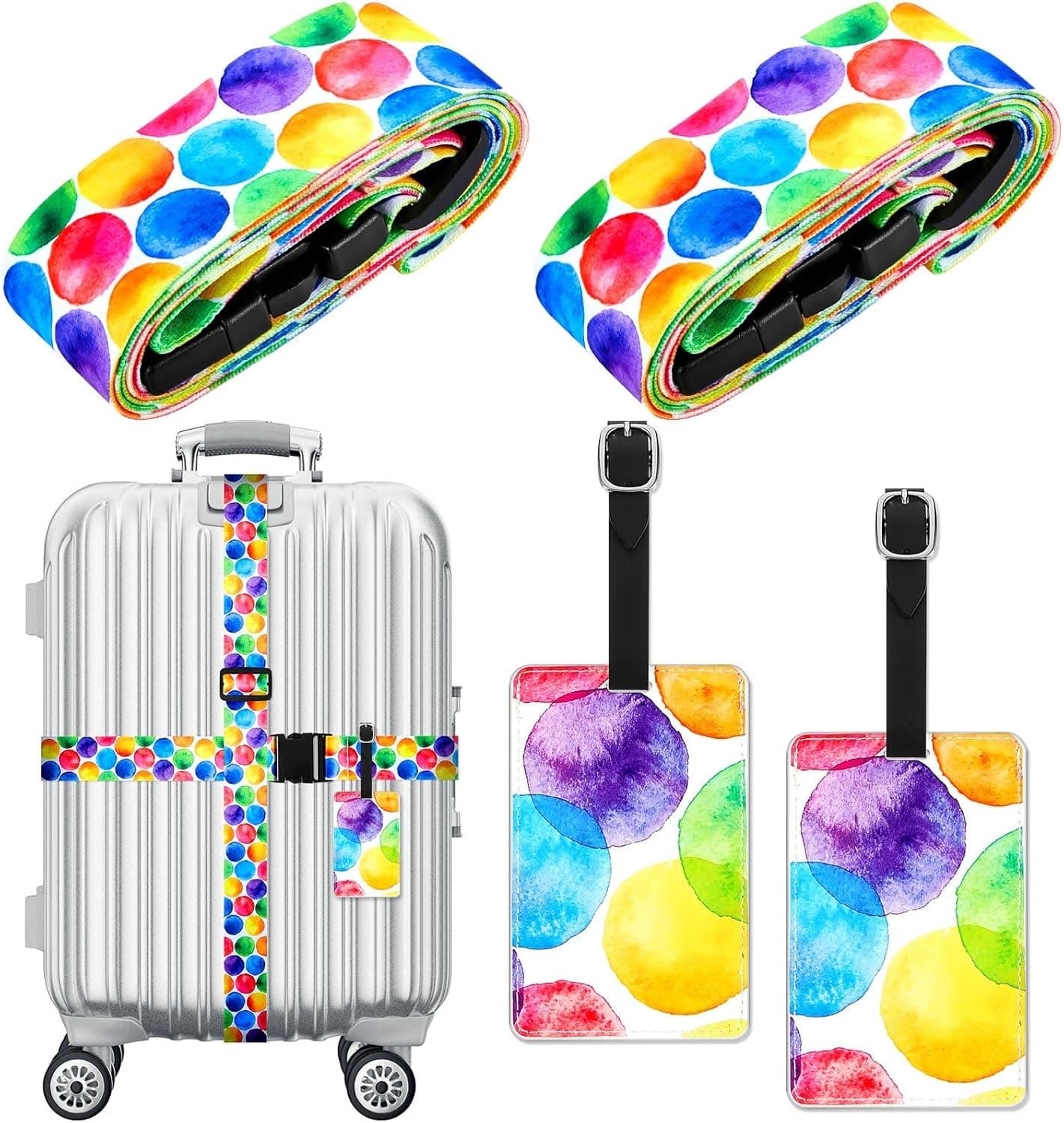 4 Pack Luggage Suitcase Straps Set Tie Dye Adjustable Suitcase Belts with Quick Release Buckle Colorful Luggage Tags Travel Suitcase Tags with Name ID Card for Travel Bag Suitcase