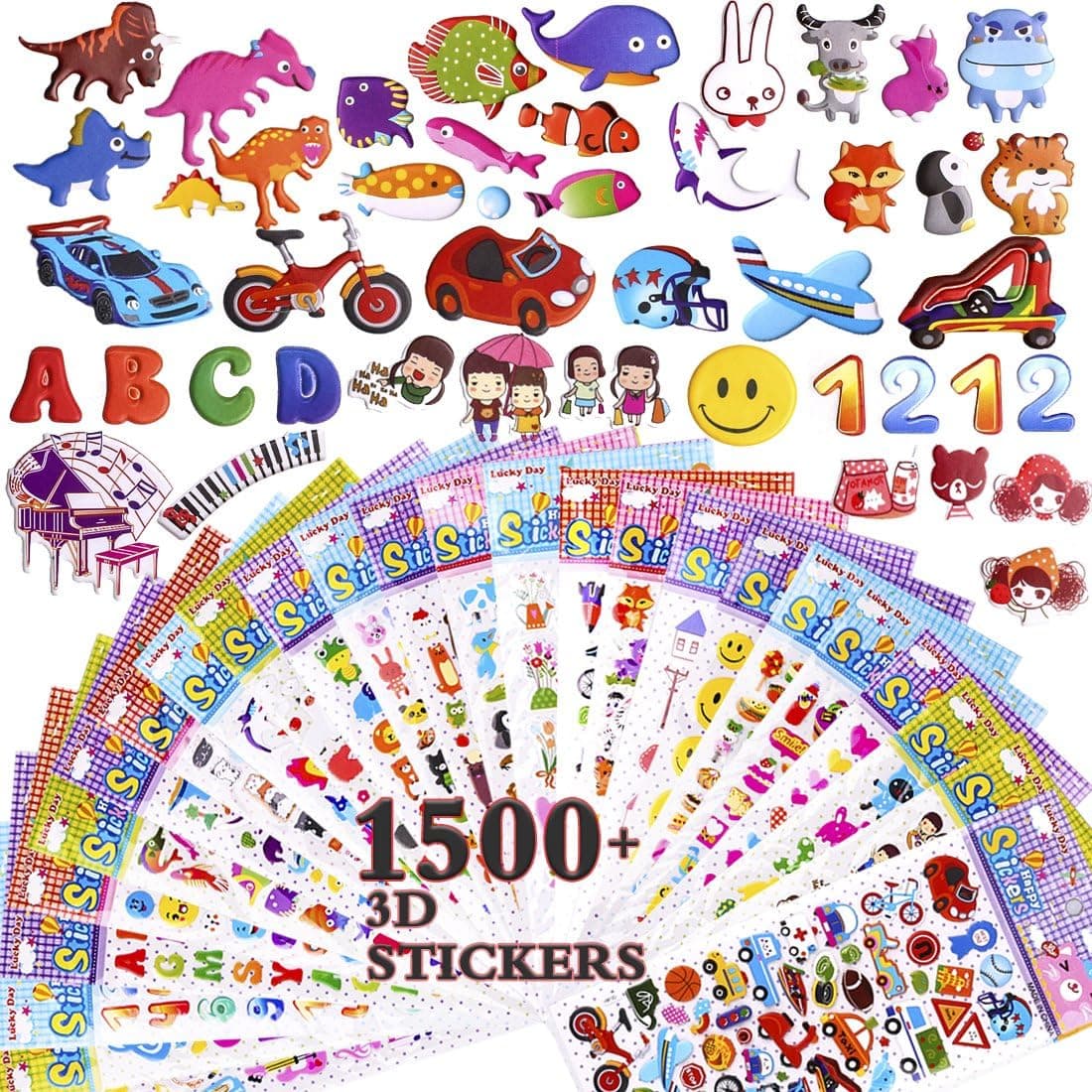 GeMoor 25 Different Sheets Stickers for Kids, 1500+ 3D Puffy Stickers for Parents, Teachers, DIY Stickers for Scrapbook, Gift, Party Favor Using, Including Smiley Faces, Numbers, Animals and More