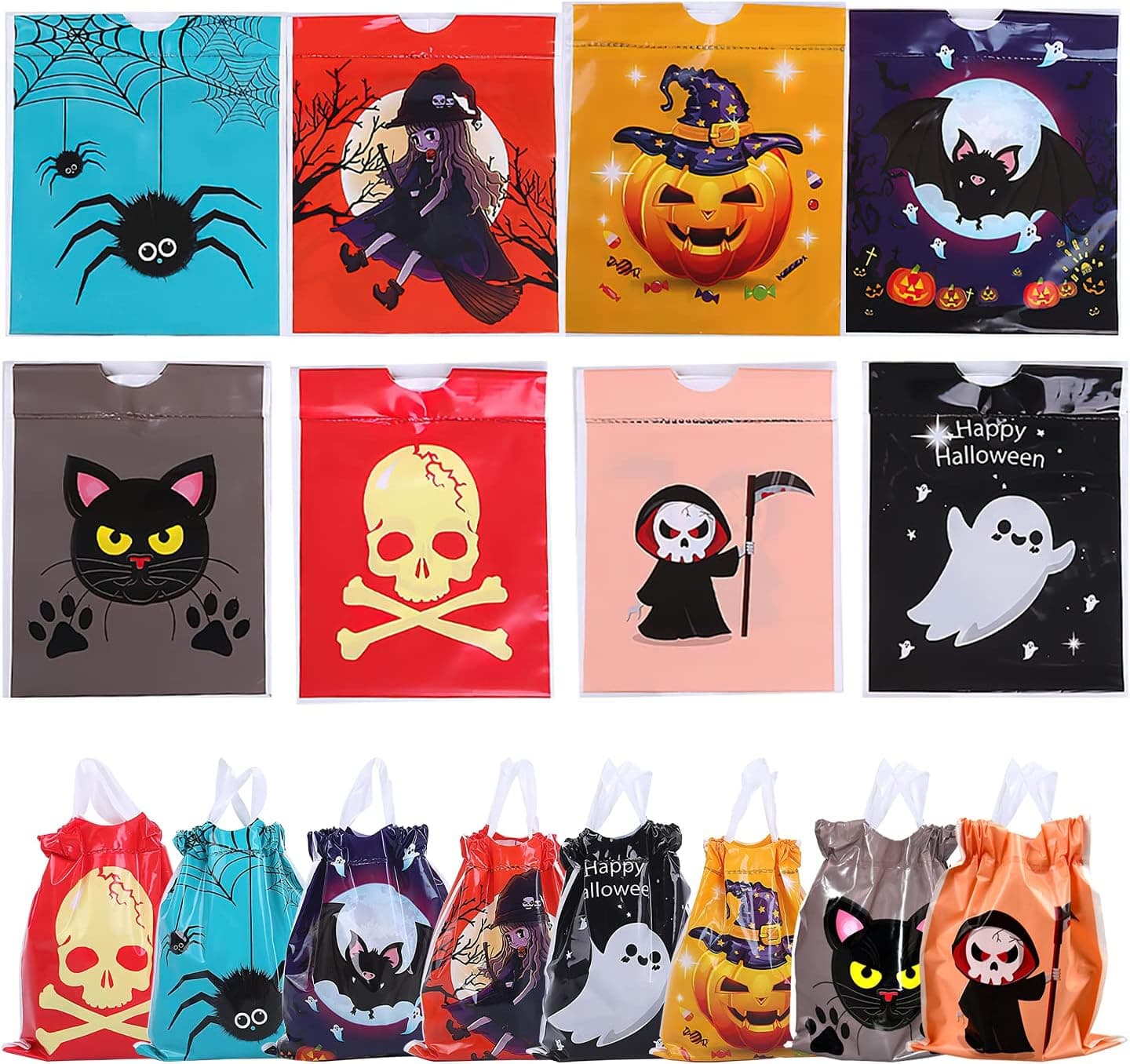 48PCS Halloween Treat Bag, Drawstring Candy Bags for Kids Trick or Treat Bags, Plastic Goodie Bags Autumn Gift Bags Party Favors, Halloween Goody Bags