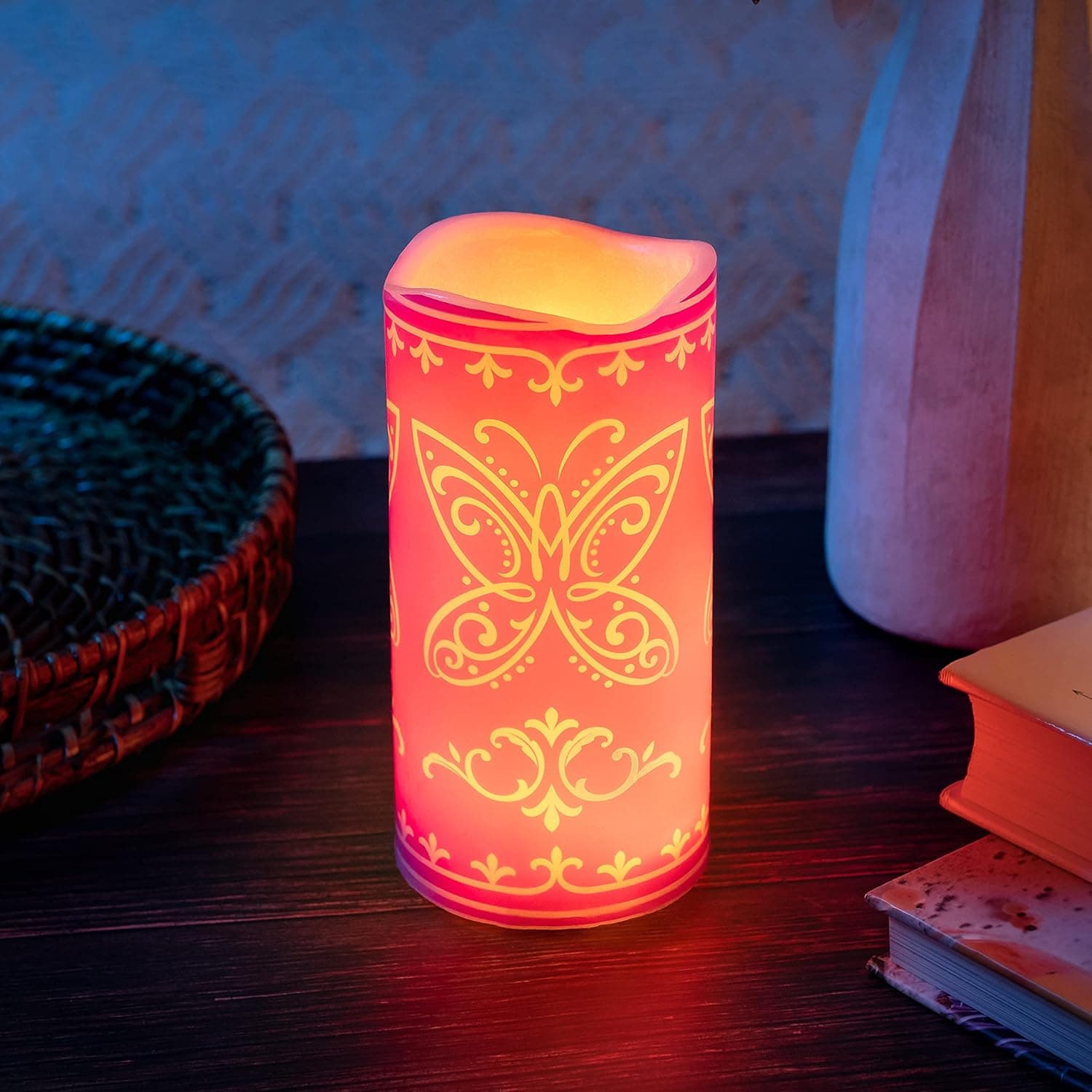 State & Water Miracle Encanto Inspired Flickering Flameless LED Bulb Butterfly Candle Wax Pillar, 6 x 3, Batteries Included (Pink)