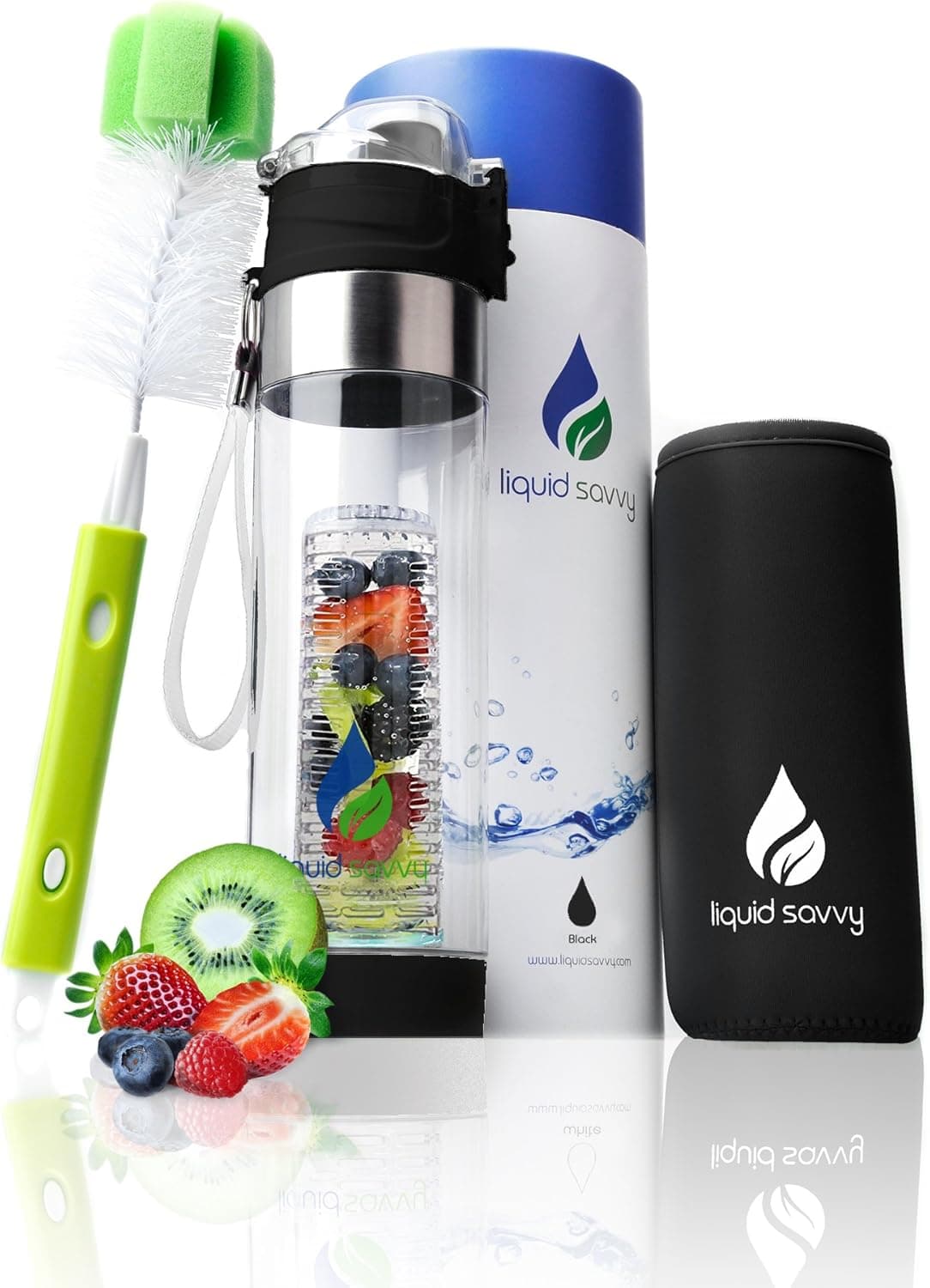 Liquid Savvy 24oz Water Infuser – Fruit Infused Water Bottle with Bottle Brush, Neoprene Insulated Sleeve, Leak Proof Flip Top Lid, Toxin-Free Plastic with Bottom Infusing Design and Strainer