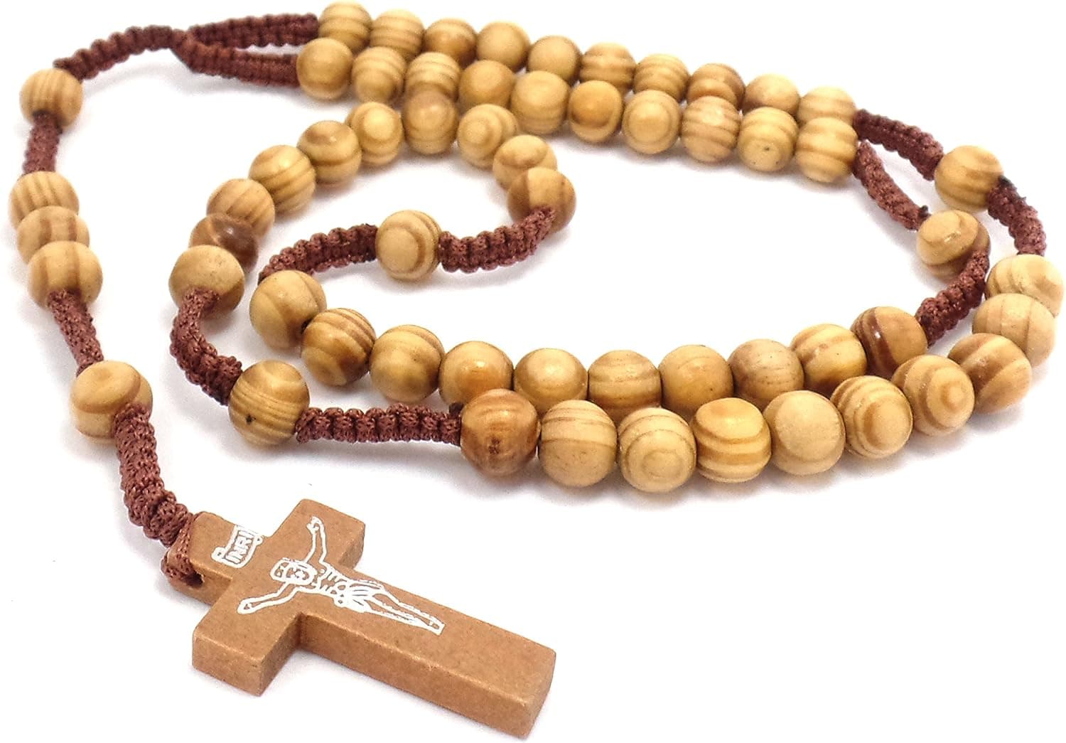 Beautiful Handmade Macrame Rosary Necklace - Light Brown Cord and Natural Wood Beads - Christian Jewelry