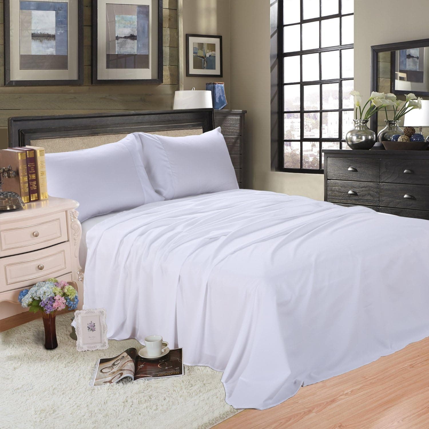 Bed Sheet Set 100% Cotton sheets with 18-Inch Wrinkle, Fade, Stain Resistant - Hypoallergenic -Deep Pocket Flat/Fitted Sheet/Pillow Case (Cotton-White, Twin XL)