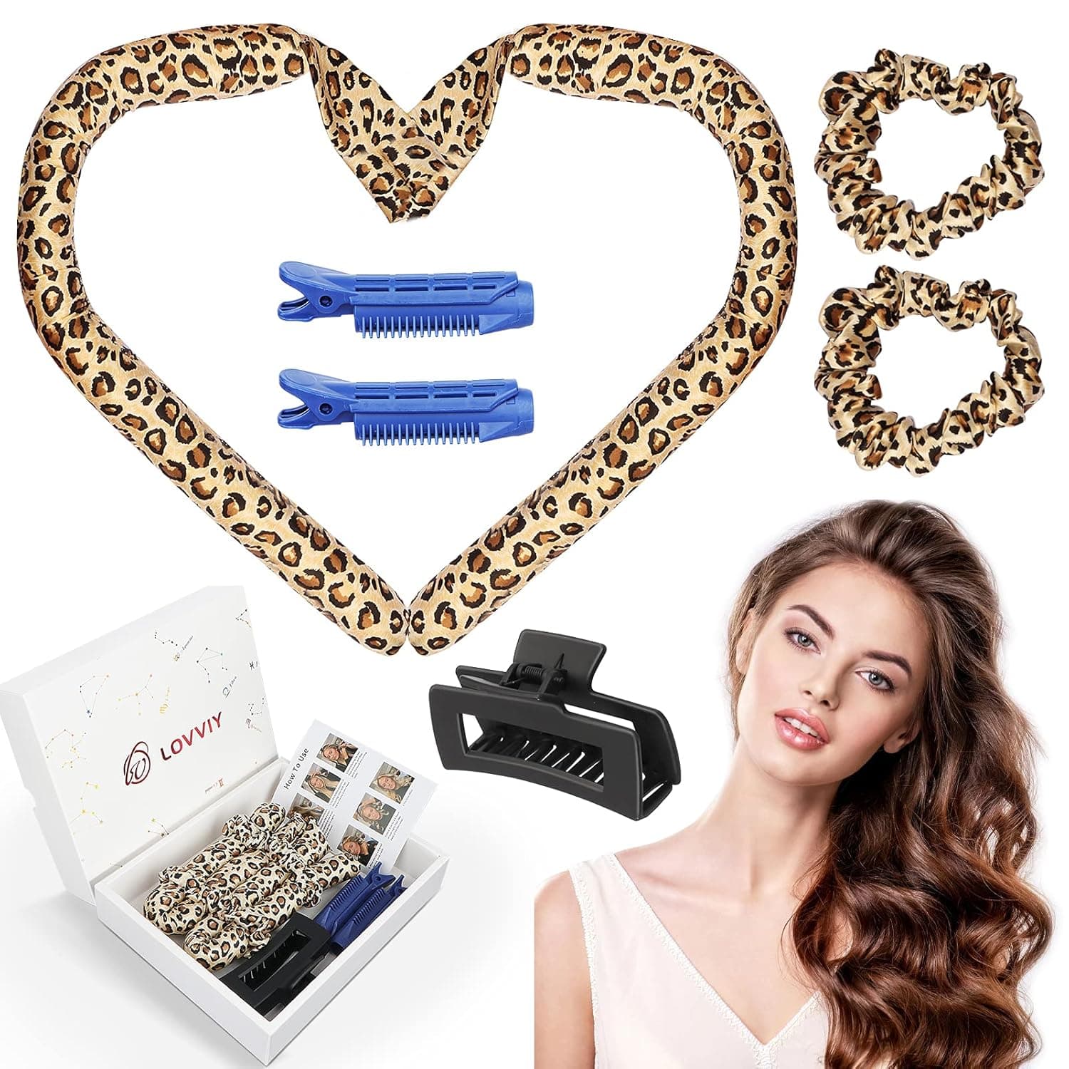 Heatless Curling Rod Headband Silk Overnight Curls Curling Ribbon Long Hair with 2 Mulberry Silk Scrunchies, 2 Hair Root Roller Clip, 1 Hair Claw Clip, Valentines Day Gifts Wrap Leopard