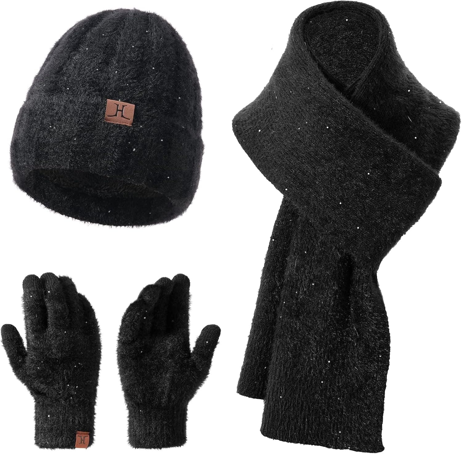 Winter Warm Knit Hat Long Scarf Touchscreen Gloves for Women, Soft Beanie with Polar Fleece Lining (3 Pcs Set)