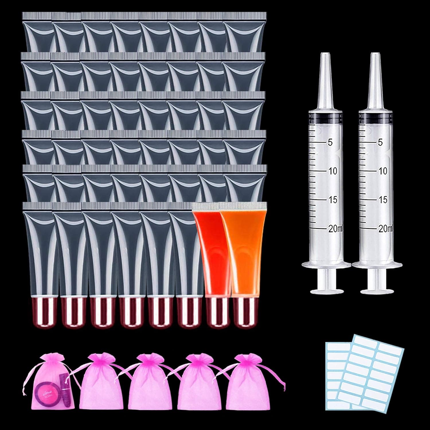 Lip Gloss Tubes 50PCS 12ml Clear Empty Lip Balm Containers With Rose Gold Cap,Refillable Soft Cosmetic Tubes For DIY Lip Gloss/Travel Toiletries With 2 20ml Syringes