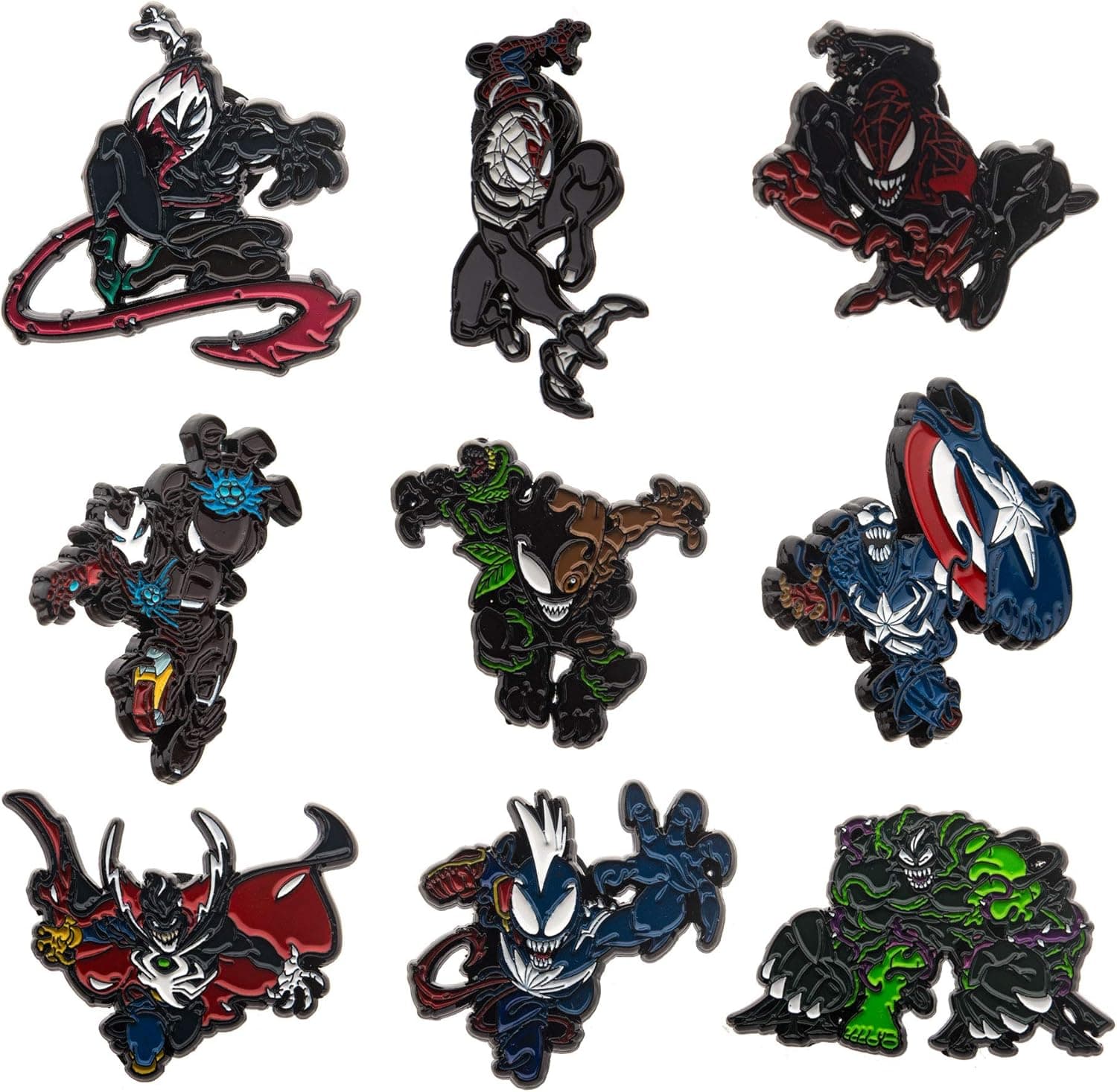 Officially Licensed Marvel: 9 Different Male Venomized Characters/Heroes Limited Edition Metal-based and Enamel Lapel Pin Set. (Amazon Exclusive).