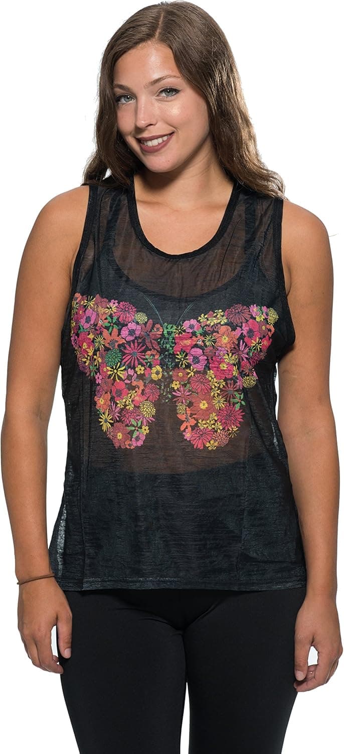 Womens Active Butterfly Print Burnout Tank Top Gym Workout Yoga Athletic Apparel