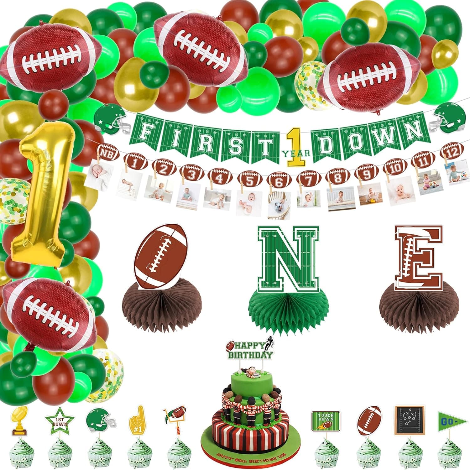 Football 1st Birthday Decorations, include First Down Banner, Football Monthly Photo Banner, One Year Old Centerpiece, Cake Toppers, Balloons for Boys Baby First Birthday Football Party Supplies