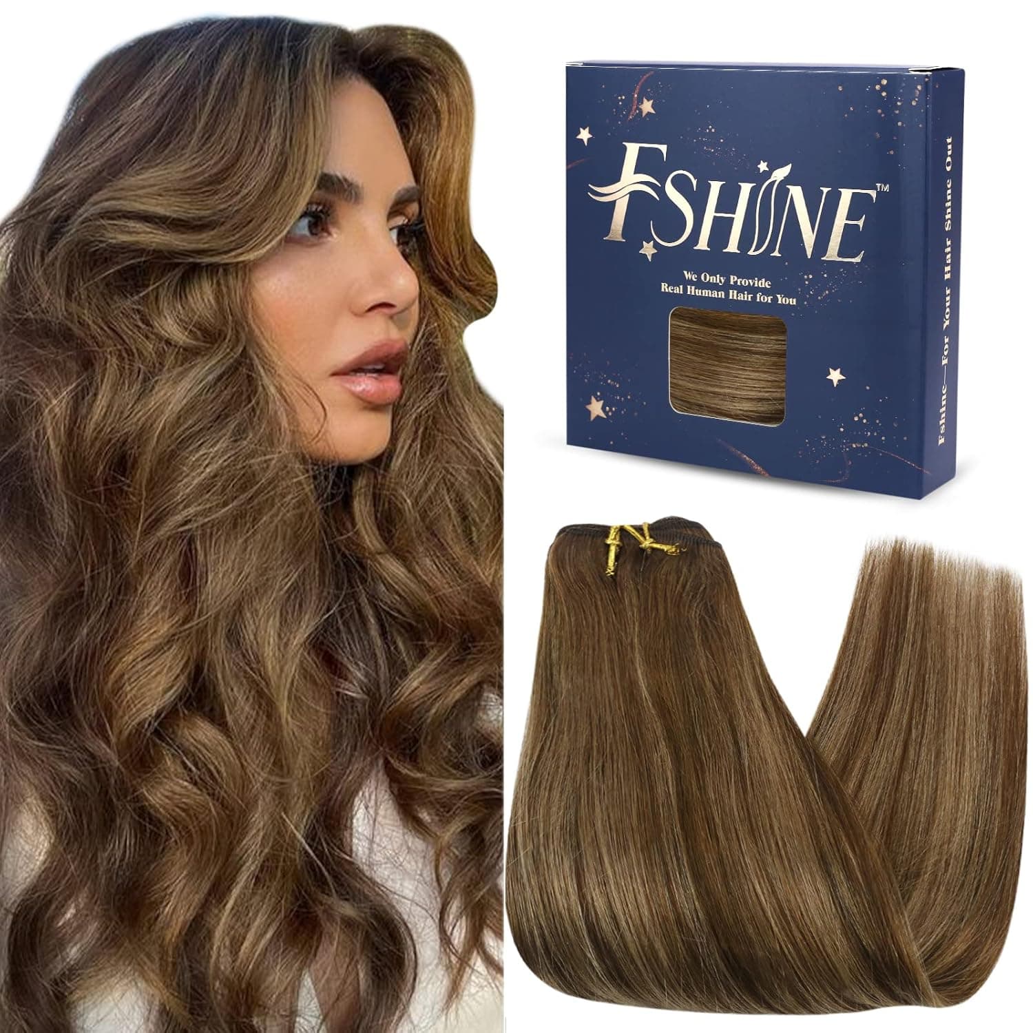 Fshine Balayage Sew in Hair Extensions 22 Inch Medium Brown Fading to Caramel Brown and Dark Brown Weft Hair Extensions Sew in Soft Straight Brown Hand Tied Weft Remy Hair Extensions for Women 100g