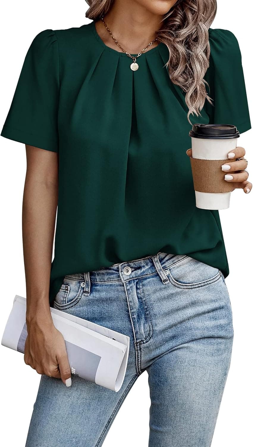 SoTeer Women's Short Sleeve Pleated Shirts Crew Neck Office Work Casual Cute Solid Blouse Top Green