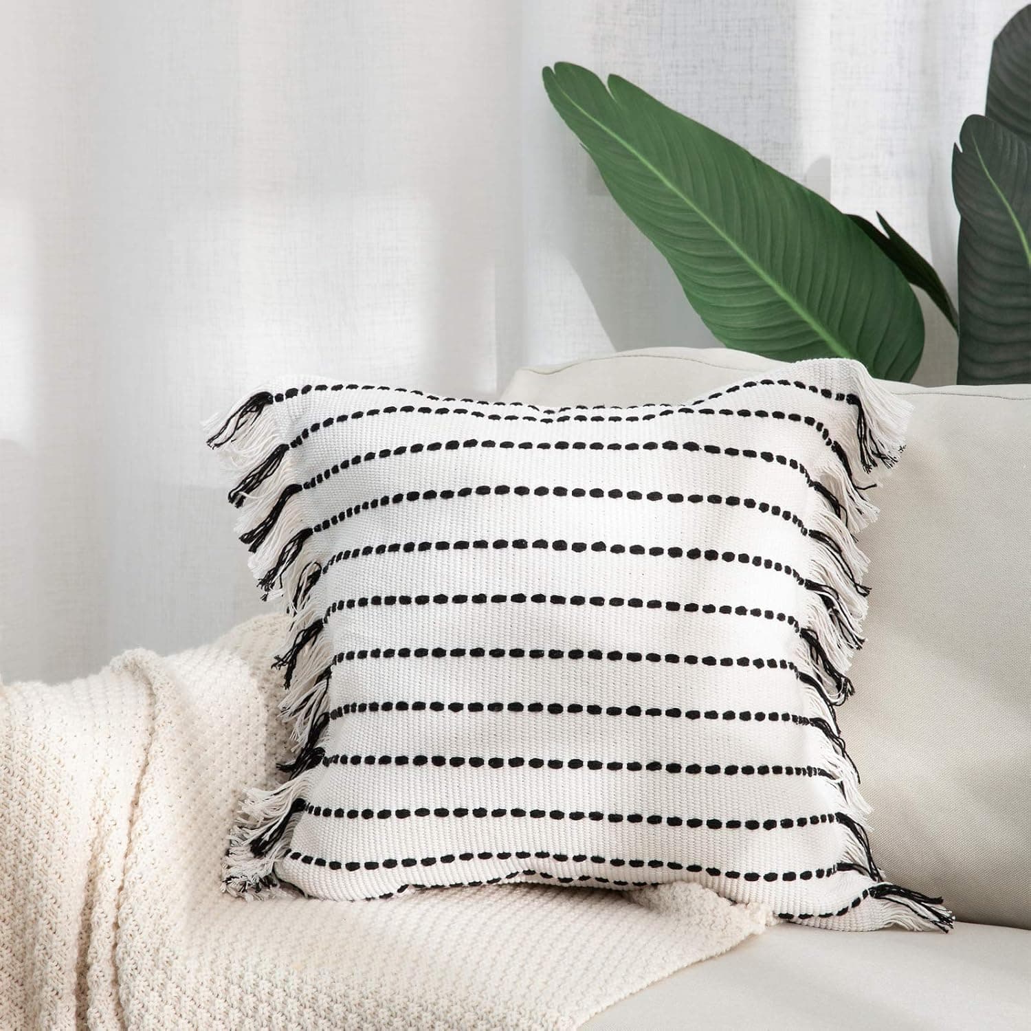 ALIBALA Woven Cotton Boho Decorative Throw Pillow Cover, Cream Tassels Striped Accent Bohemian Pillow Cover for Sofa Couch Bedroom, Square 18"x18"
