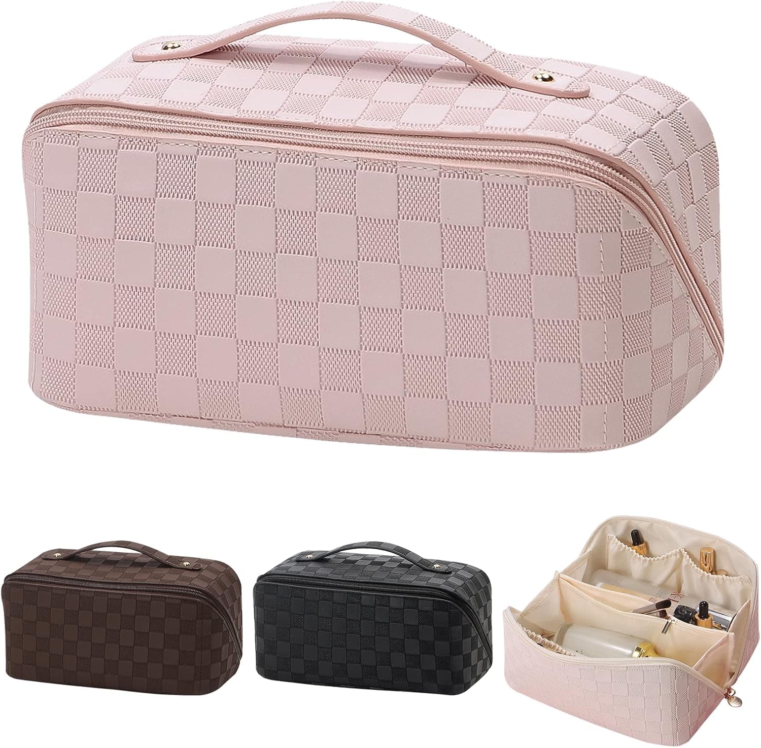 Travel Makeup Bag with Handle and Divider, Portable Large Capacity Travel Cosmetic Bag Waterproof Makeup Organizer Bag, Multifunctional PU Leather Makeup Bag Opens Flat Toiletry Bag for Women (Pink)
