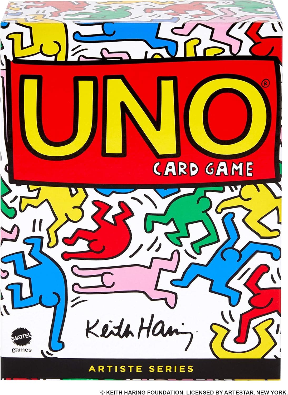 Mattel Games UNO Artiste Series Card Game Featuring Artwork of Keith Haring, with 112 Cards & Instructions in Premium Finish Pack, Gift for 7 Years Old and Up