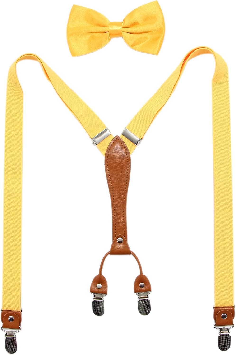 Biotetri Men Suspenders & Pre Tied Bowtie Set | Adjustable Straps, PU Leather (Yellow)
