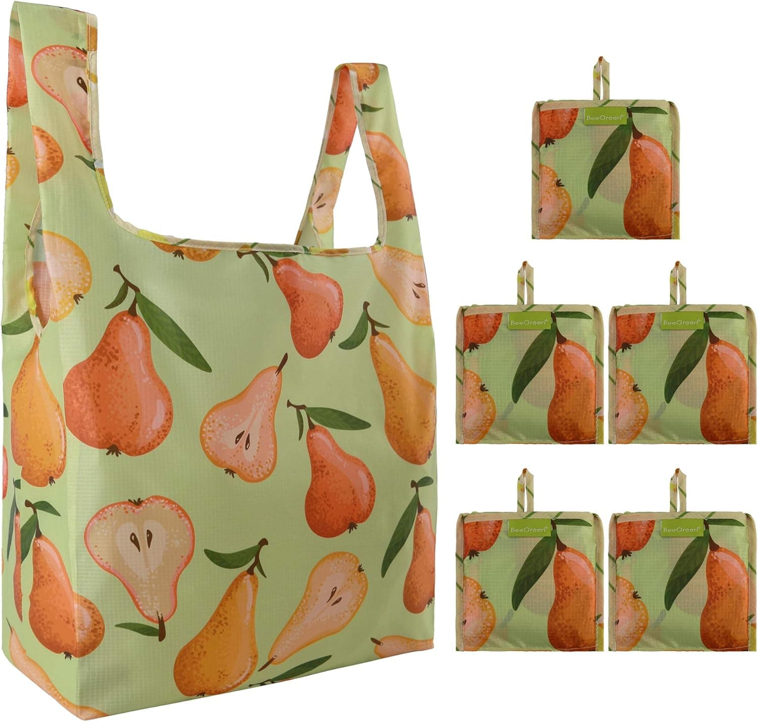Fruit Reusable Grocery Bags Bulk 5 Pack Cute Pear Pattern Reusable Shopping Bags Large Capacity Can Hold 50Lbs Waterproof Foldable Bags with Attached Pouch Reusable Bags for Shopping, Groceries