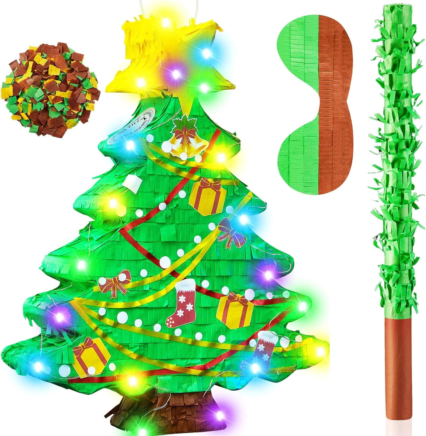 14.9 Inch Christmas Tree Pinata Glowing Christmas Tree LED DIY Christmas Party Pinata with Stick and Blindfold Confetti String Lights Double Sided Tape for Birthday Xmas Supply Family Game Photo Prop