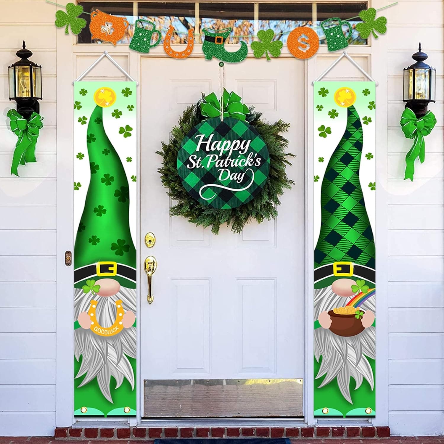 St Patricks Day Decorations Outdoor, 3 Pack Green Gnomes Welcome Banners Porch Signs with Glitter Garland Banner, Irish Shamrock Saint Patrick's Day Décor for The Home Party Door Tree Classroom Office