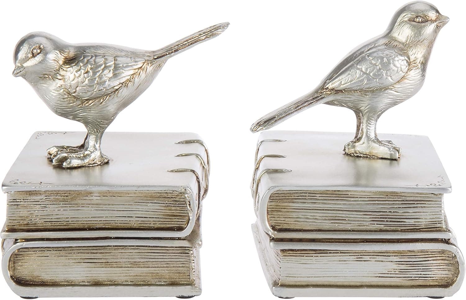 MyGift Vintage Silver Painted Resin Decorative Bookends with Sculptured Bird and Book Design, Office Shelf Home Decor, 1 Pair