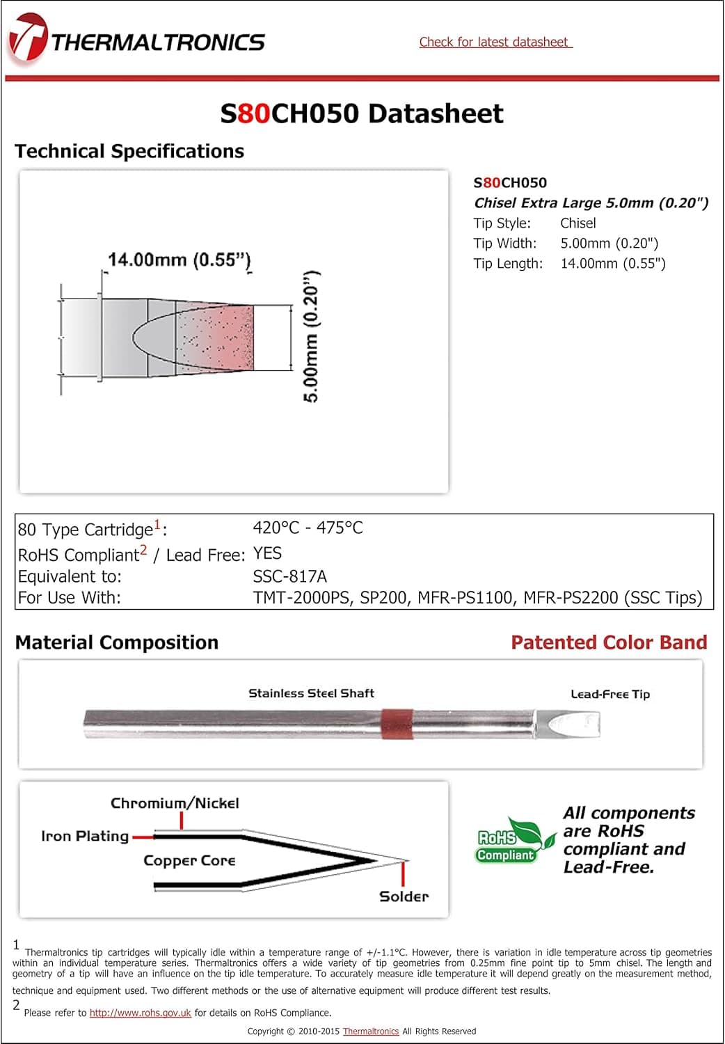 Thermaltronics S80CH050 Chisel Extra Large 5.0mm (0.20in) interchangeable for Metcal SSC-817A