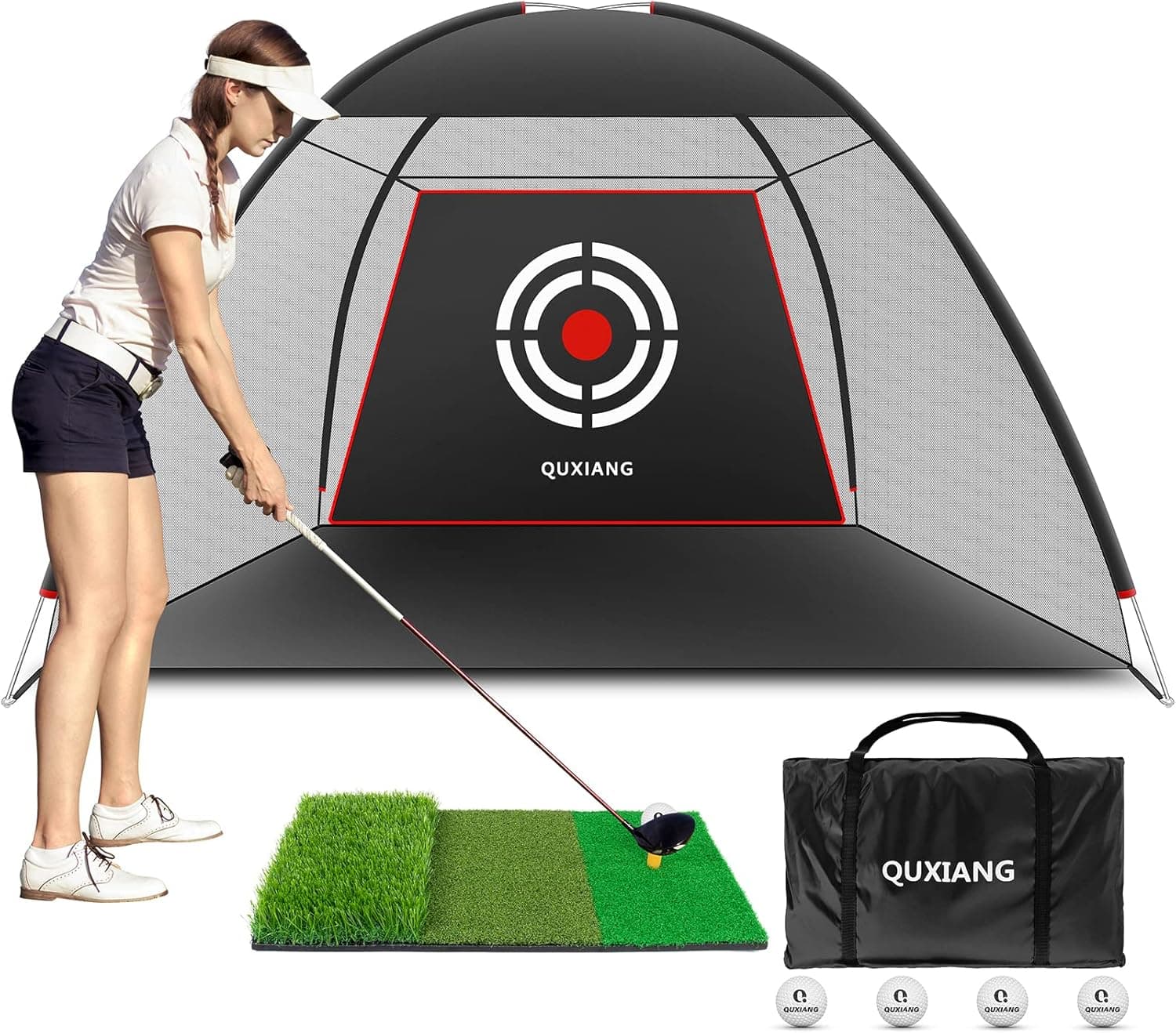 Golf Practice Net, 10x7ft Golf Hitting Training Aids Nets with Golf Hitting Mat ,5 PCS Golf Balls,Grass Mat, Carry Bag for Backyard Driving Indoor Men Kids Indoor Outdoor Sports Game