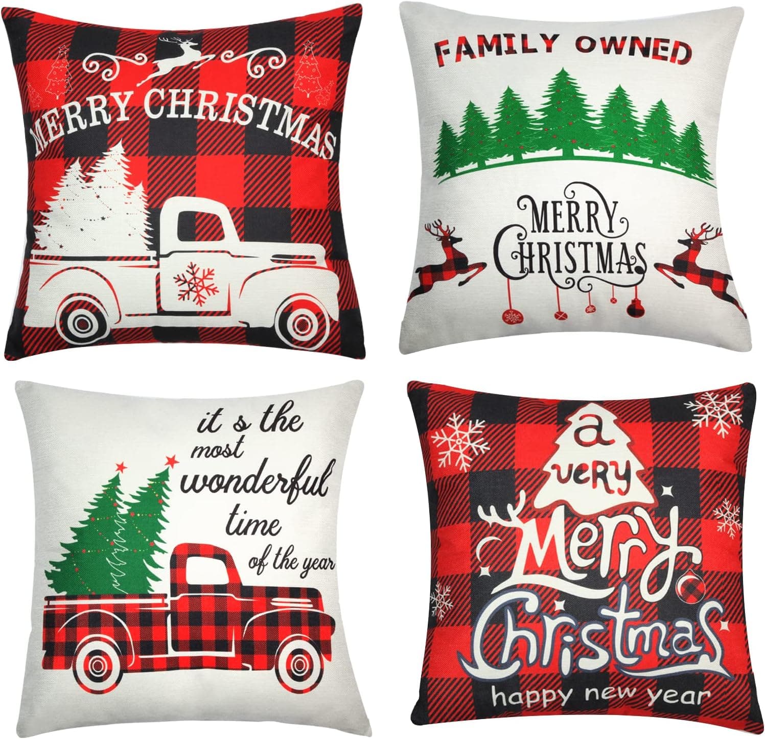 Hongxing Christmas Pillow Cover 20x20 Set of 4, Decorative Buffalo Check Plaid Plad Xmas Merry Christmas Pillow Shams Cases Slipcovers for Outdoor Farmhouse Sofa Couch (20x20)