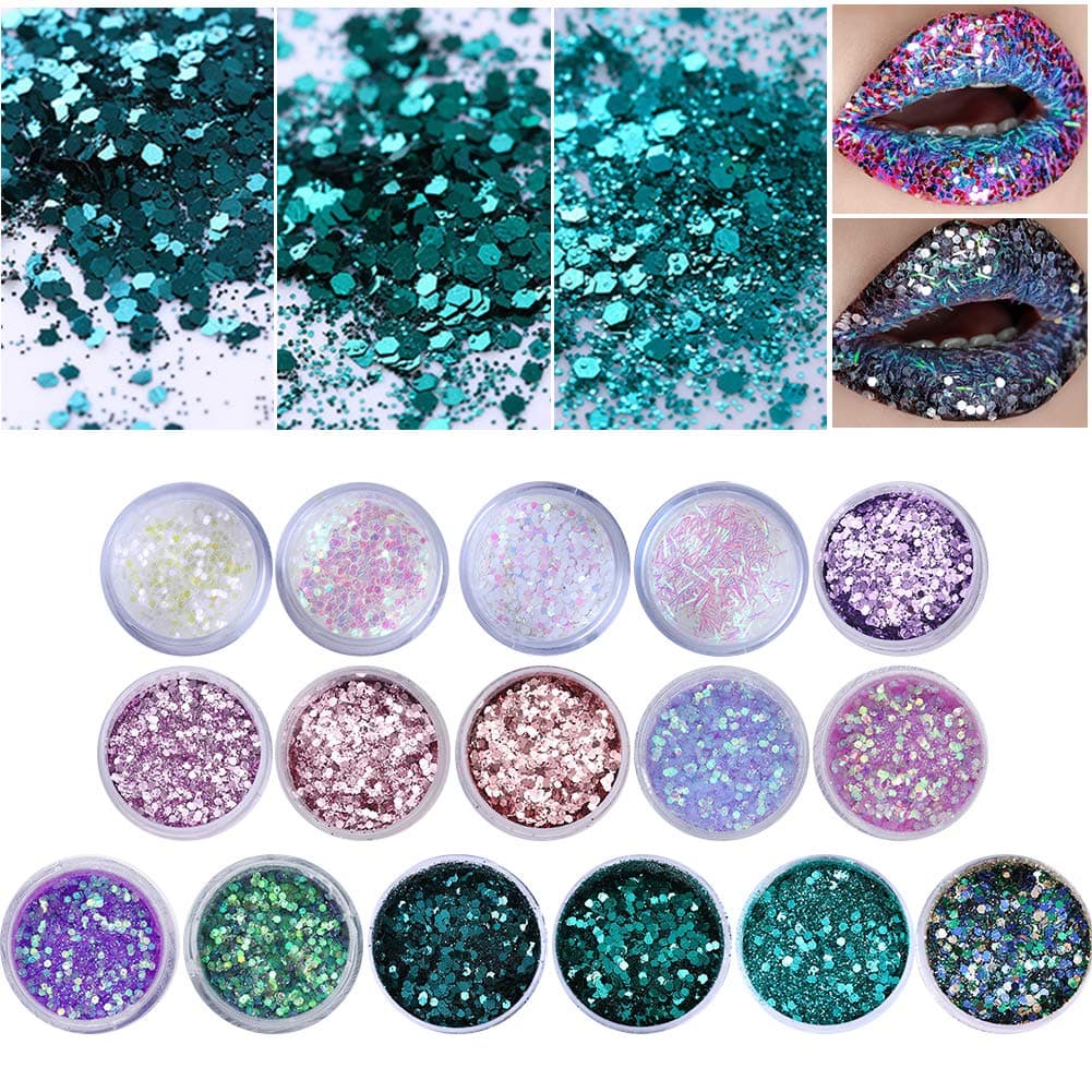 NICOLE DIARY 16 Boxes Chunky Glitter Flakes Sequins Colorful Paillette for Face Eyes Makeup Hair Body Art