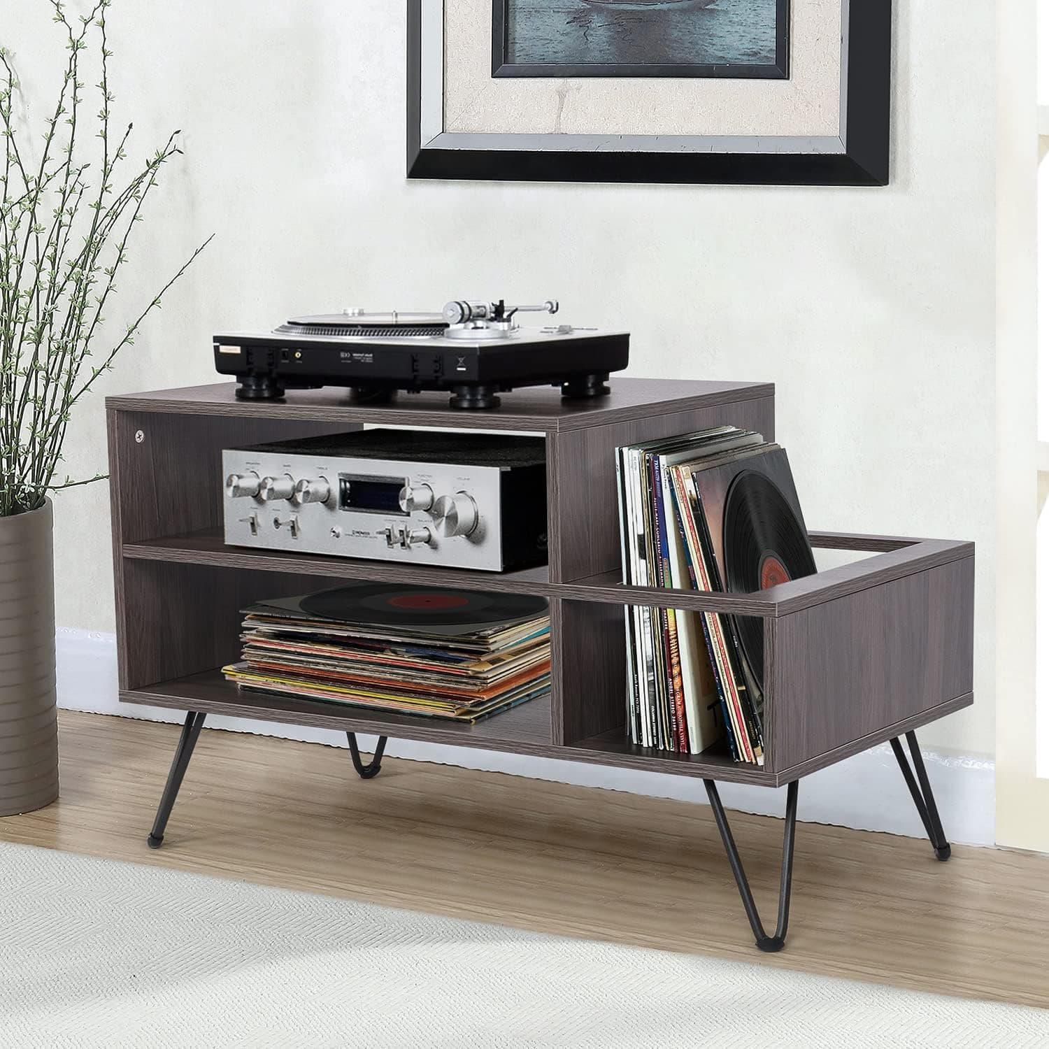 ybaymy Record Player Stand Mid-Century Modern Two-Tier Display Stand Record Storage Display Cabinet Turntable Stand with Metal Hairpin Legs (Grey)