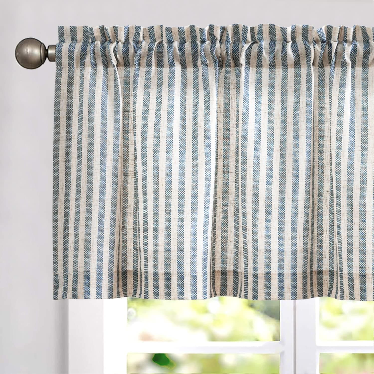 jinchan Valance Curtain Linen Textured Striped Pattern Valance Short Curtains for Kitchen Bathroom Rod Pocket Pinstripe Valance Window Treatments Ticking Stripe Valance 1 Panel 16L Blue on Beige