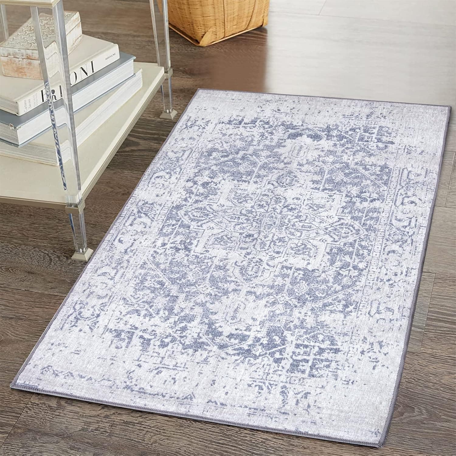 RoomTalks Flatweave Non-Slip Vintage Persian 2x3 Small Area Rug with 4 Rug Tapes, Ivory and Gray Boho Distressed Oriental Throw Rugs for Kitchen Bathroom Entryway Indoor Thin Doormat