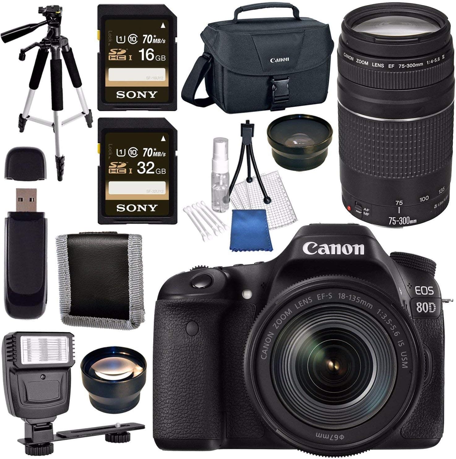 Canon EOS 80D DSLR Camera with 18-135mm is USM Lens + Canon EF 75-300mm Lens + 58mm Wide Angle Lens + 58mm 2X Lens + Canon 100ES EOS Shoulder Bag Bundle