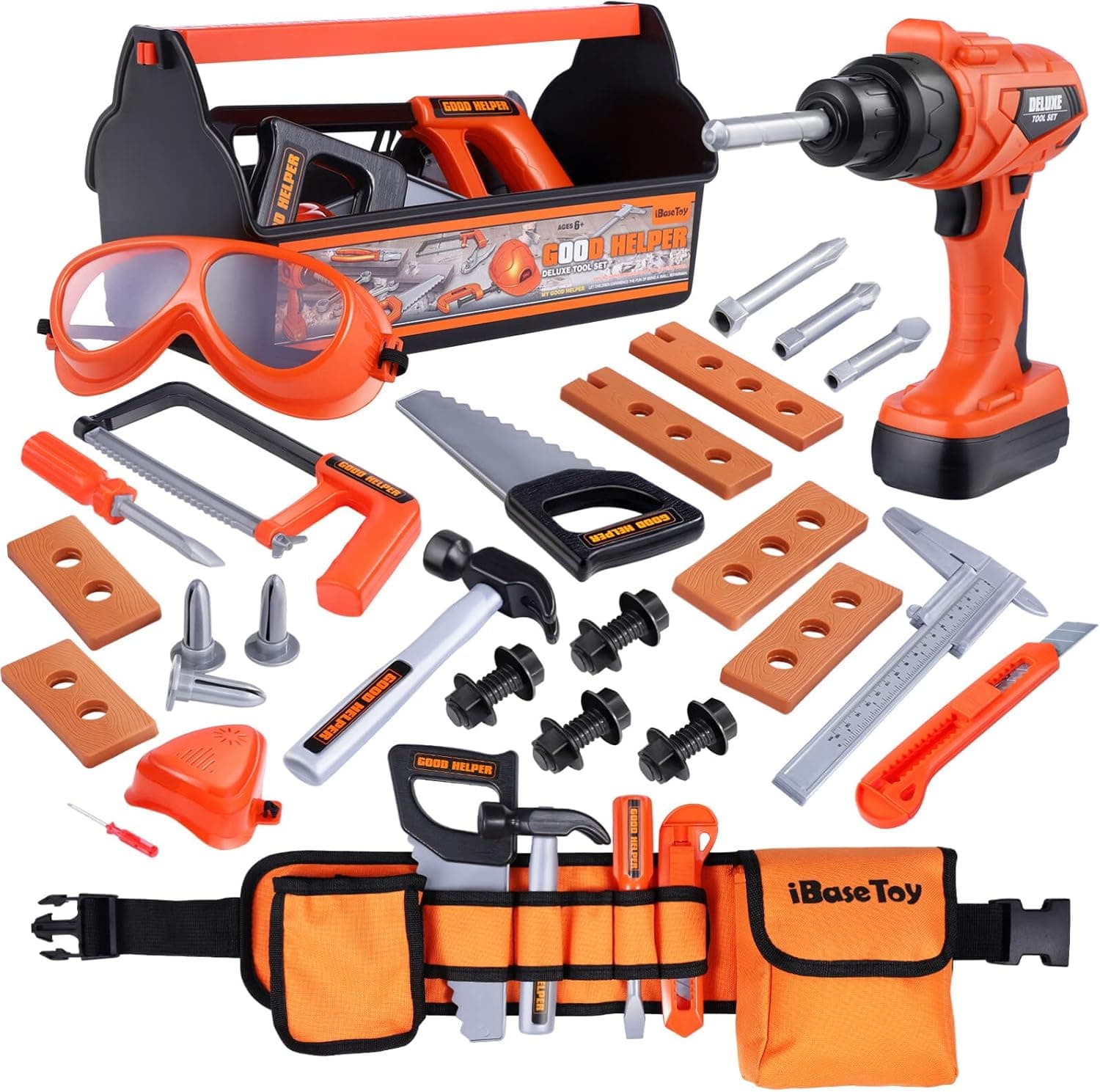 iBaseToy Kids Tool Set - 32 Pieces Pretend Play Construction Toy with Tool Box, Kids Tool Belt & Electronic Toy Drill, Toy Tool Set for Toddlers Boys Girls Ages 3, 4, 5, 6, 7 Years Old