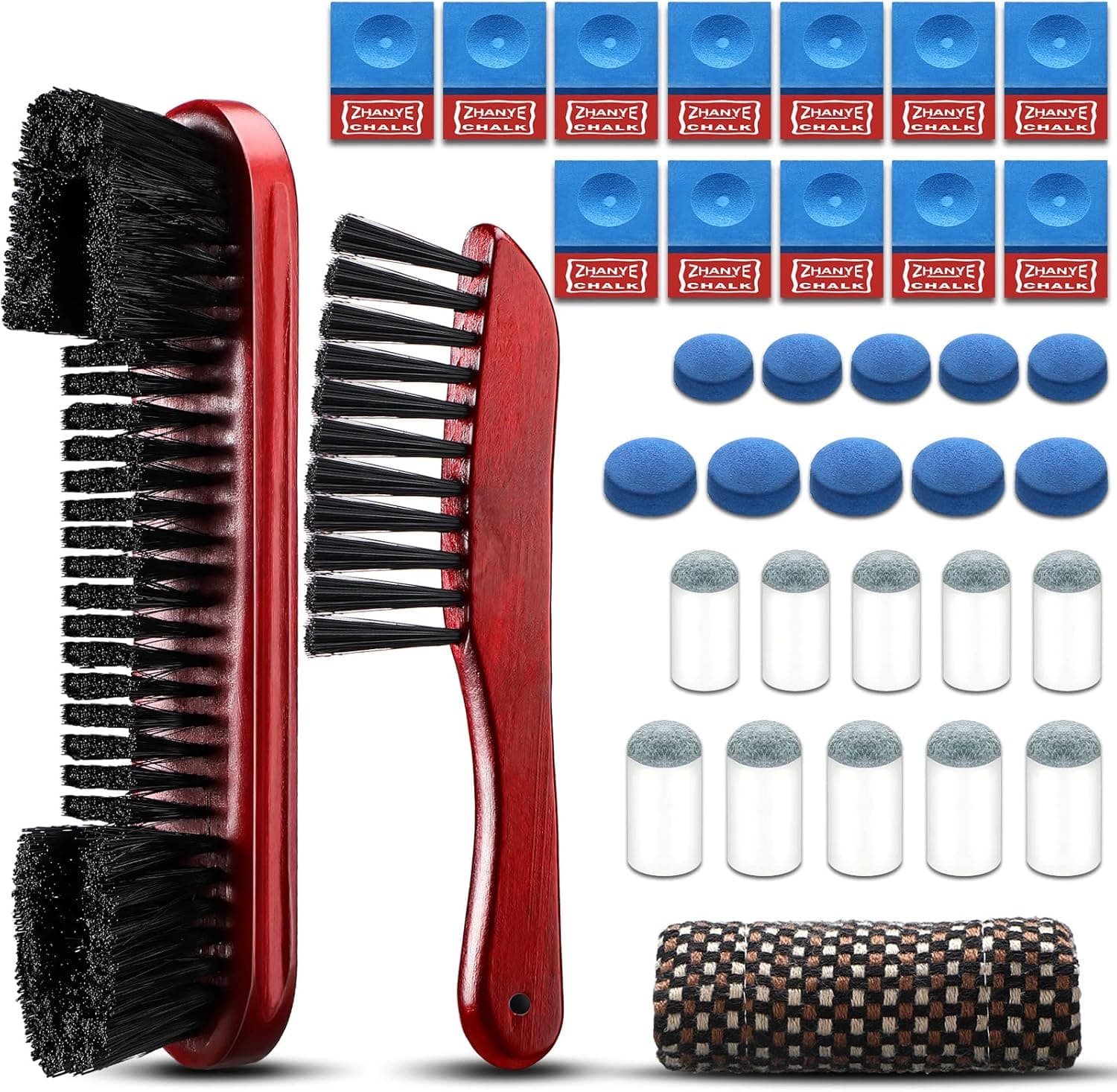 Sumind 7 Set Billiards Pool Table Brush for Cleaning Pool Table Cleaner Felt Brush Kit Include Snooker Table, Rail Brush 2 Cue Shaft Cloth 12 Pool Cue Chalk Cube 20 Pool Cue Tip Replacement