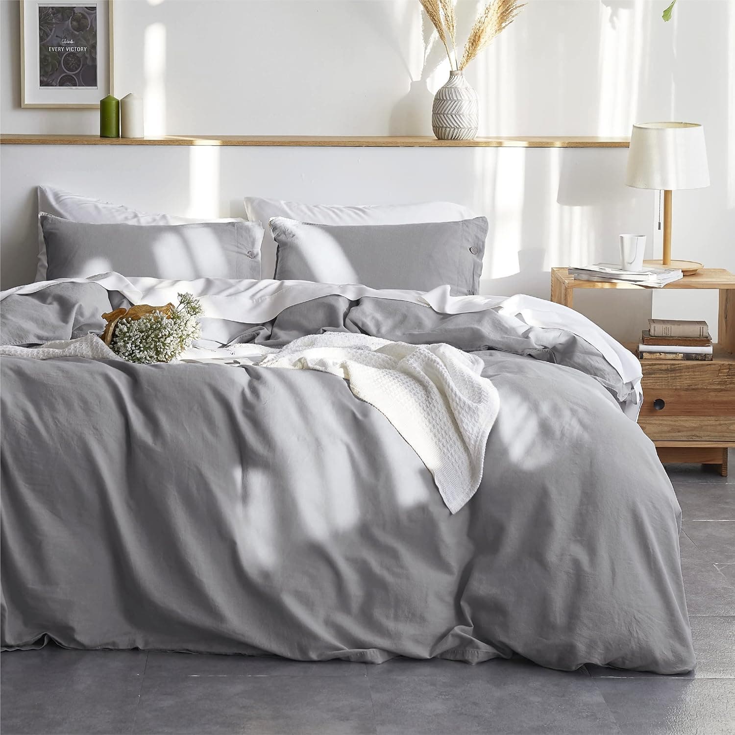 Bedsure Linen Duvet Cover Queen Linen Cotton Blend Duvet Cover Set - 3 Pieces Comforter Cover Set (Grey,90 x 90 inches,No Comforter Included)