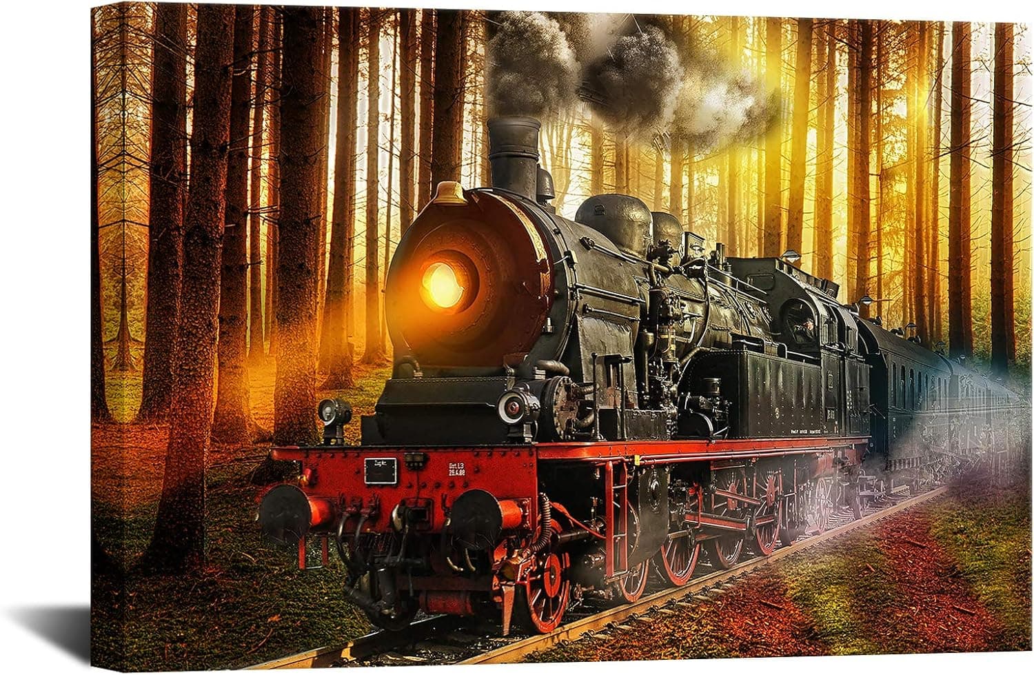 iKNOW FOTO Canvas Wall Art Steam Engine Train in Sunset Forest Wall Art Painting The Picture Print On Canvas Car Pictures for Home Decor Decoration Gift 16x24Inch