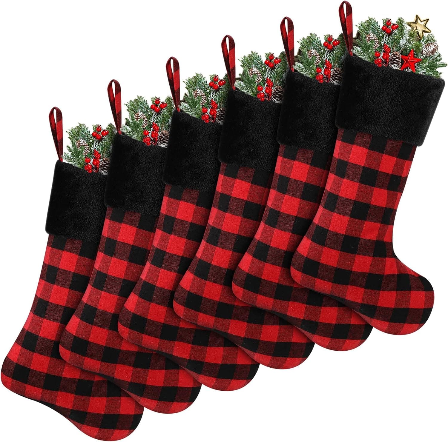 Shappy 6 Pieces 22 Inch Christmas Buffalo Plaid Stockings Christmas Stocking with Plush Faux Fur Cuff Big Plaid Christmas Stockings Decorations for Christmas Holiday Party Decor (Black and Red Plaid)