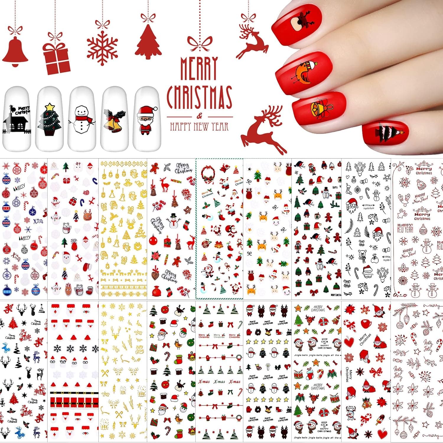 Yaryang 18 Sheets Christmas Nail Stickers Xmas 3D Nail Decals Self-Adhesive Nail Design Stickers Santa Claus Reindeer Snowflakes Snowmen Tree Nail Stencils Christmas Nail Decorations for Women Girls Kids