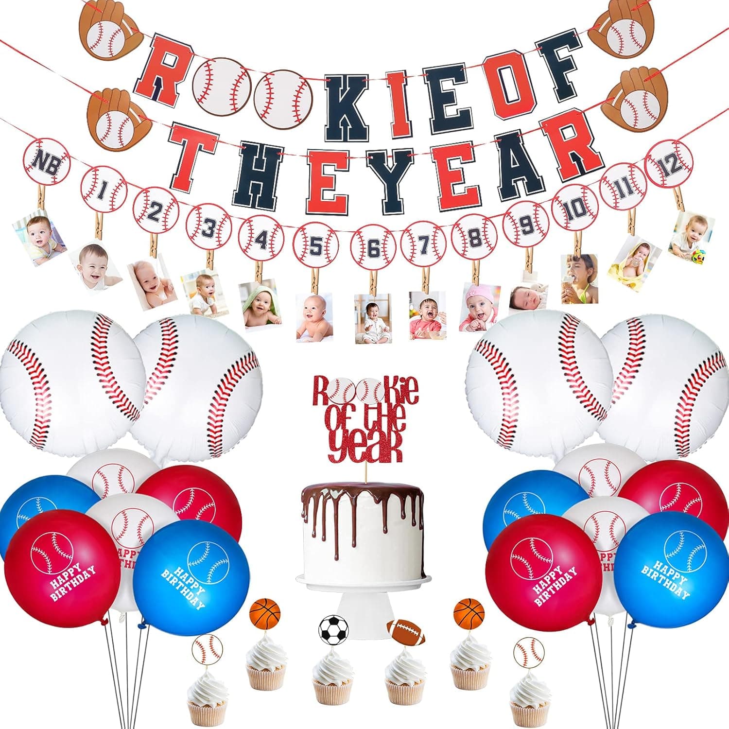 25 Pieces Baseball Birthday Party Supplies Include Rookie of The Year Banner and Cupcake Topper First Year Photo Banner Baseball Foil Balloons Latex Balloons for Baseball Birthday Party Decoration