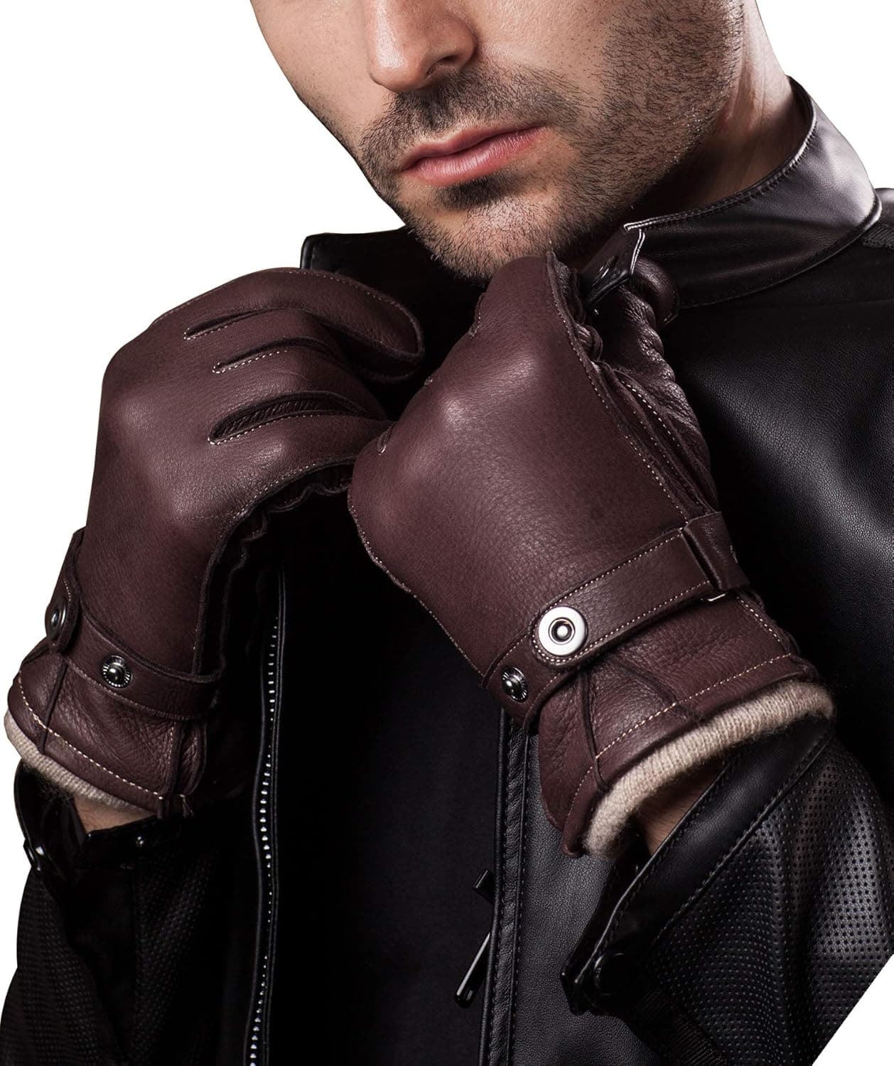 YISEVEN Men's Cashmere Lined Deerskin Leather Gloves Hand Sewn