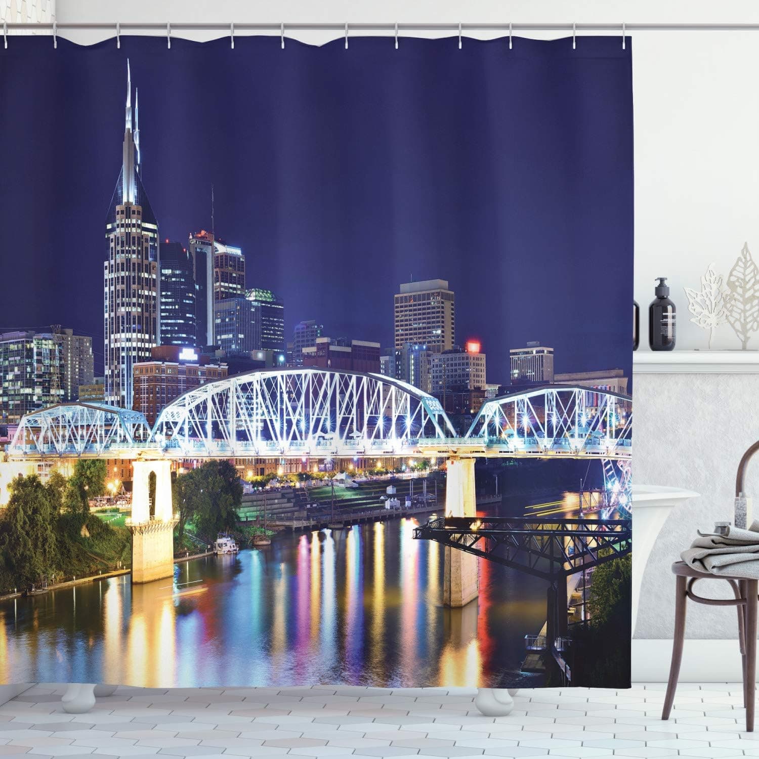 Ambesonne Travel Shower Curtain, Skyline of Downtown Nashville Tennessee USA Reflection Travel Destination Image, Cloth Fabric Bathroom Decor Set with Hooks, 69" W x 70" L, Purple Green